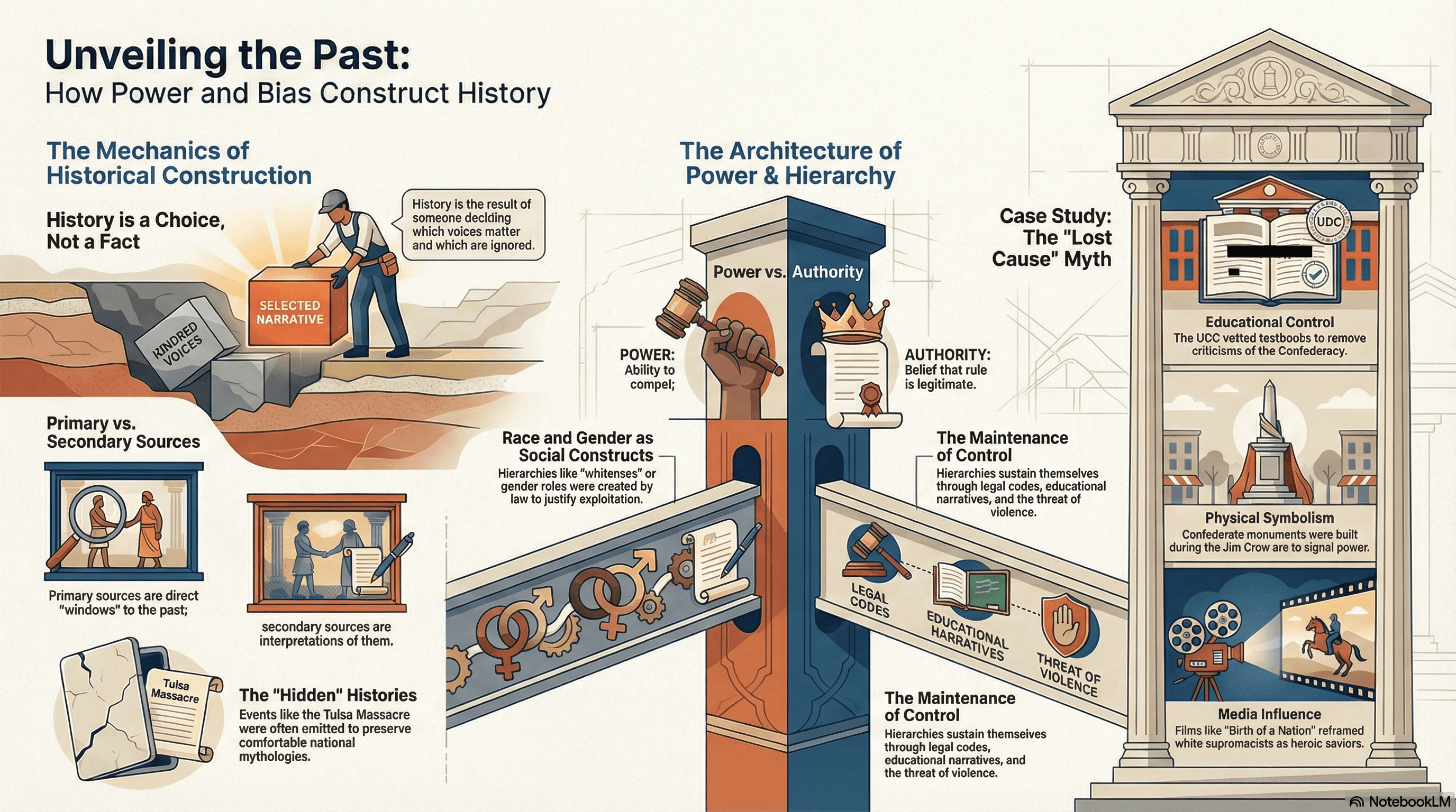 Unveiling the Past: How Power and Bias Construct History — infographic showing the mechanics of historical construction, the architecture of power and hierarchy, and the Lost Cause myth as a case study