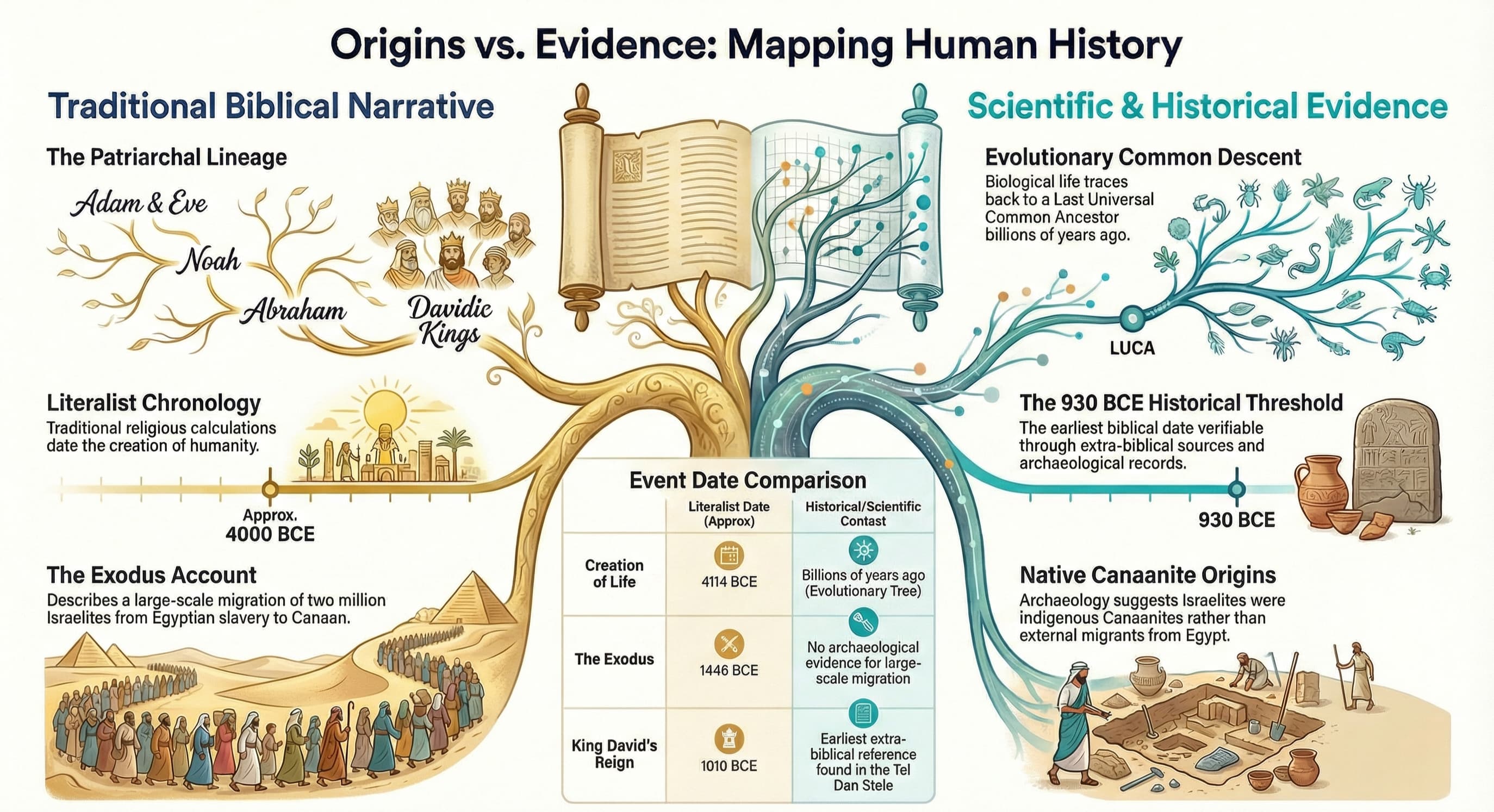 Origins vs. Evidence: Mapping Human History — comparing traditional biblical narrative with scientific and historical evidence