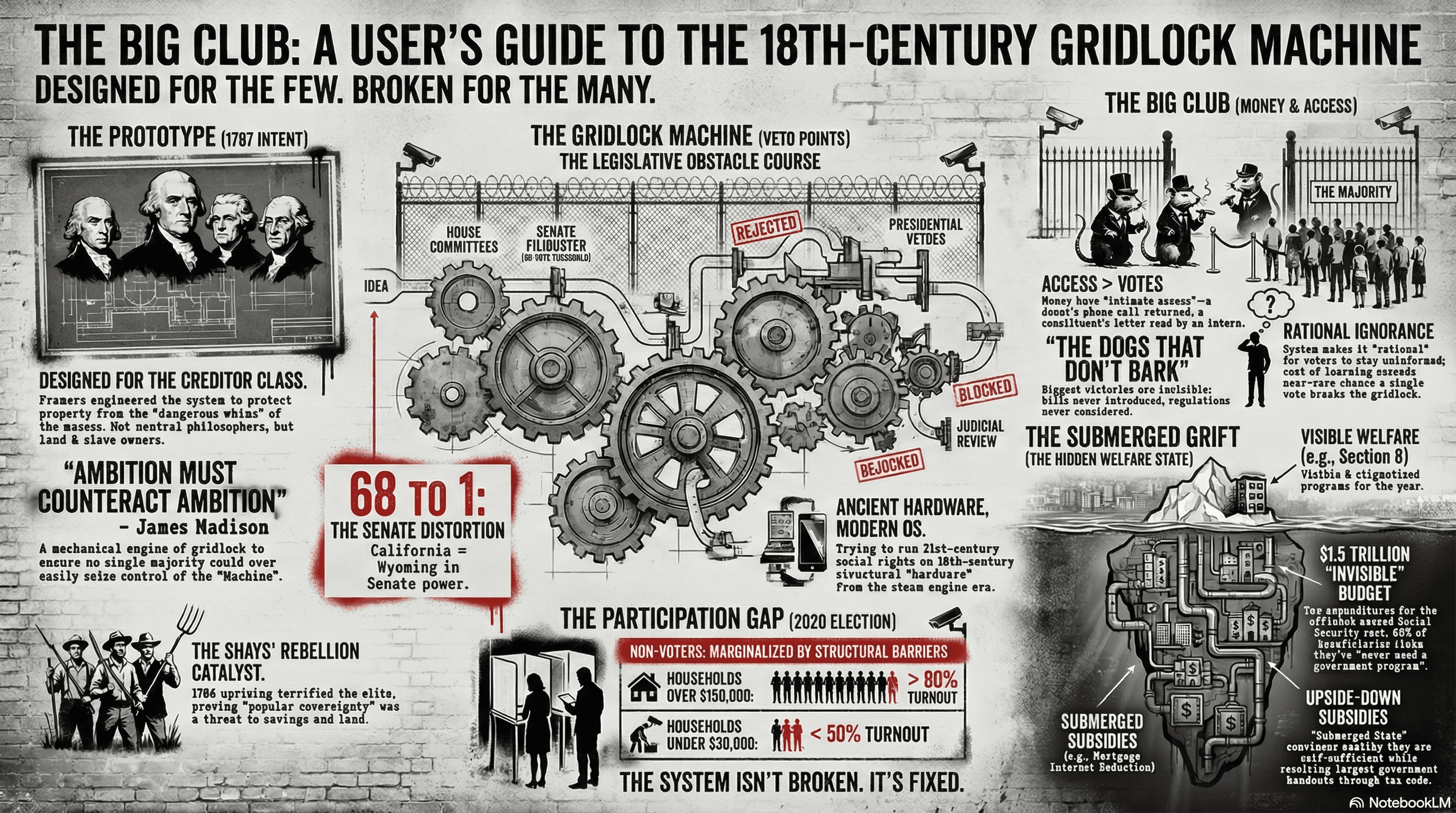 The American Political System: Hidden Mechanics — infographic showing how the Constitution was designed to frustrate democracy and how institutions diverged from their original design