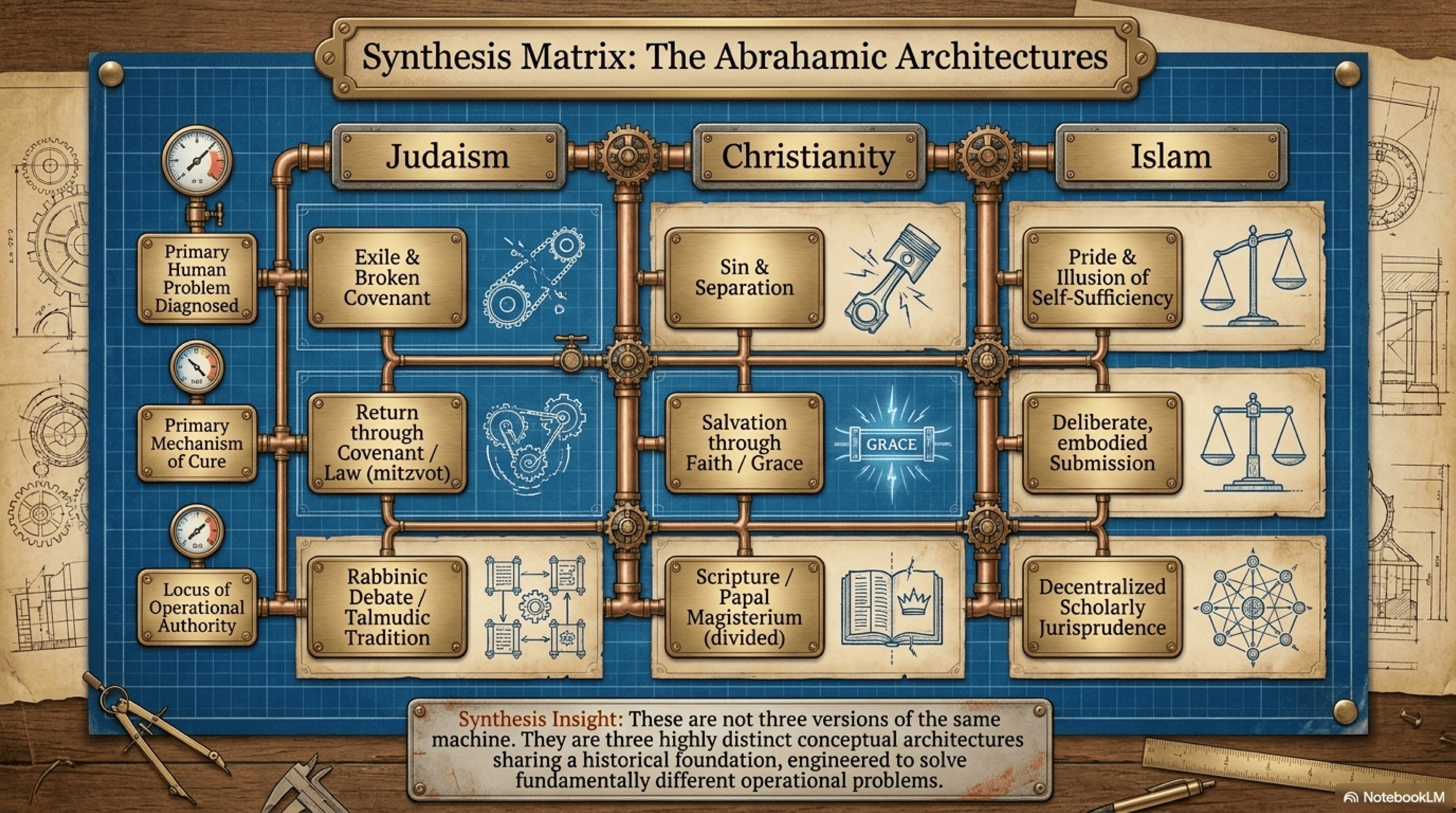 Synthesis Matrix: The Abrahamic Architectures — a three-row comparative grid across Judaism, Christianity, and Islam charting each tradition's primary human problem diagnosed, primary mechanism of cure, and locus of operational authority, with the insight that these are three distinct conceptual architectures sharing a historical foundation, not three versions of the same machine