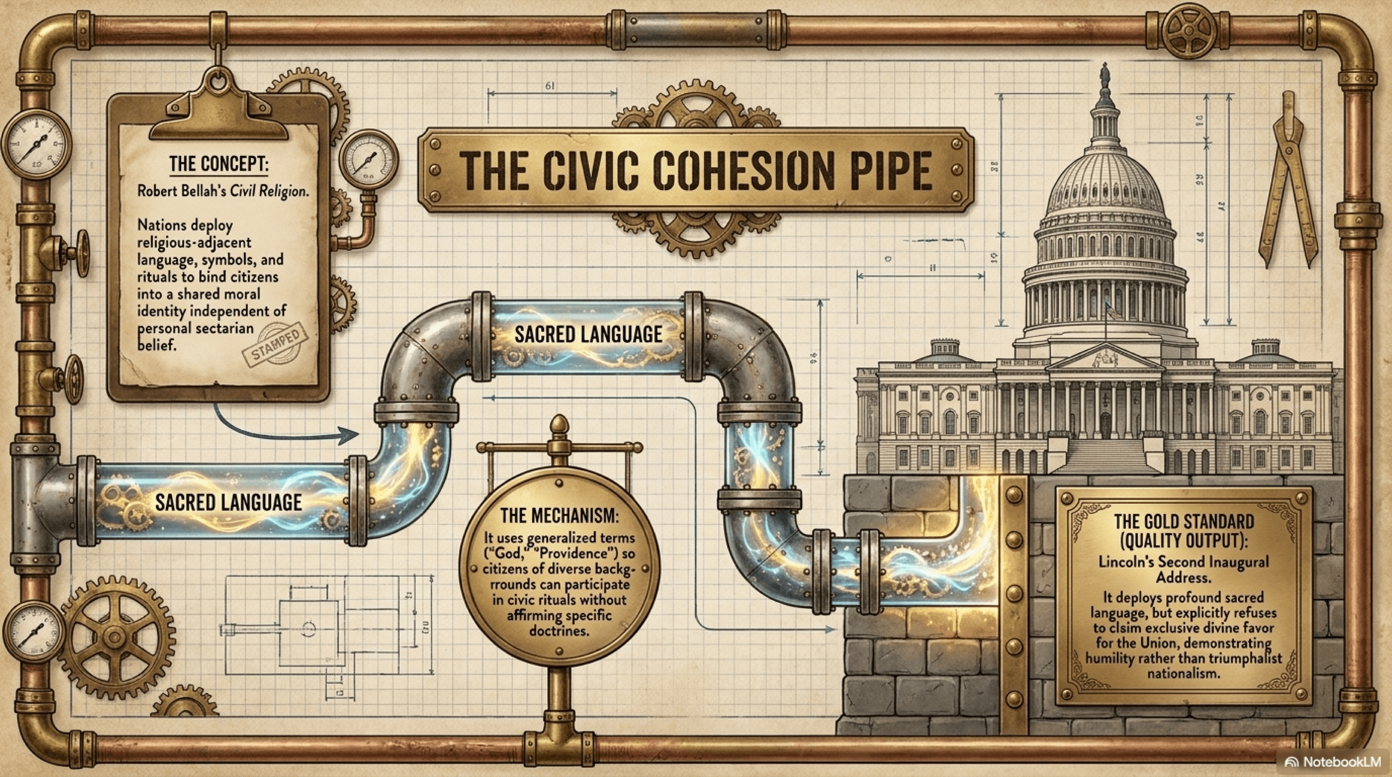 The Civic Cohesion Pipeline — Robert Bellah's concept of civil religion, showing how nations deploy sacred language, symbols, and ritual to bind citizens into a shared moral identity independent of personal sectarian belief, with Lincoln's Second Inaugural Address as the gold-standard output: profound sacred language that explicitly refuses to claim exclusive divine favor