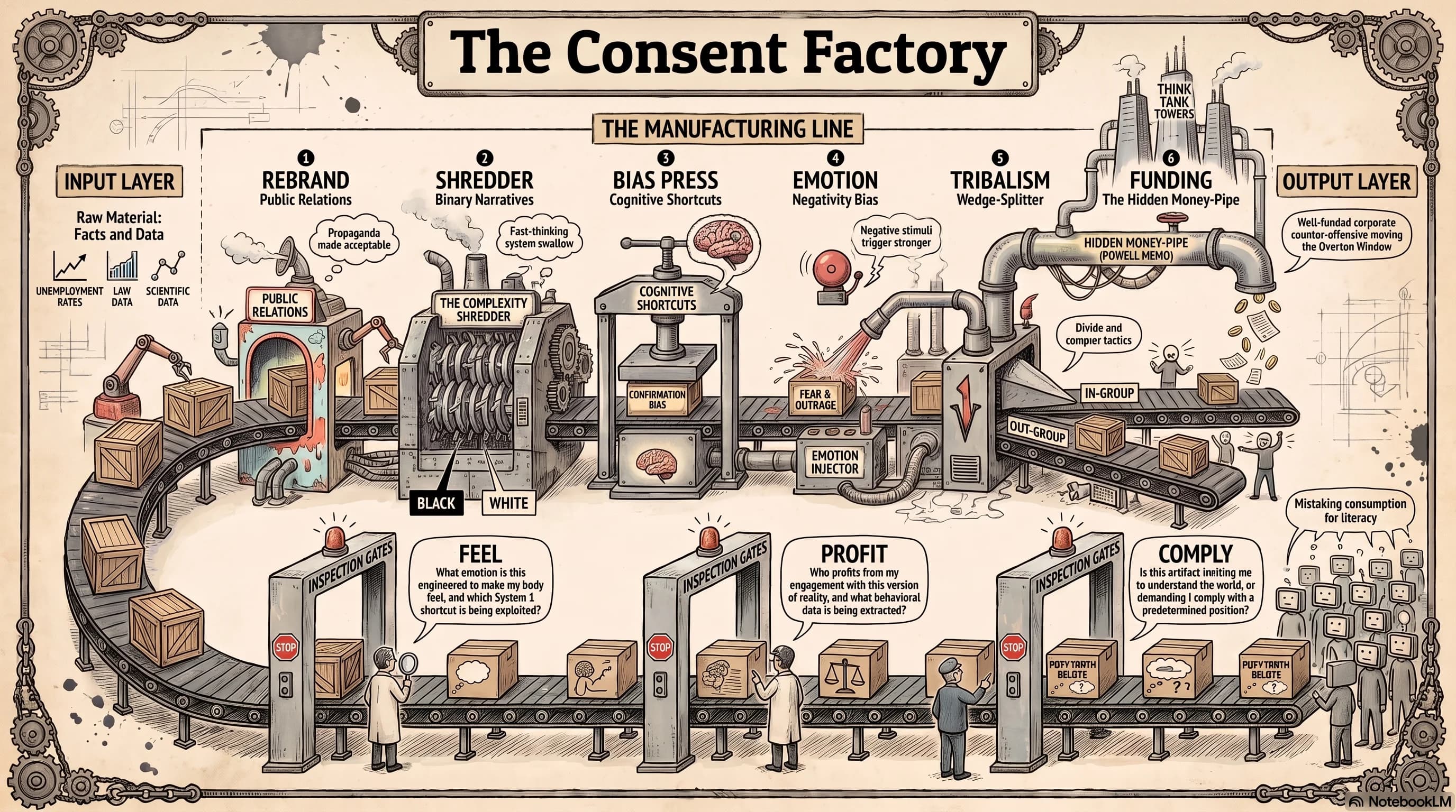 The Consent Factory — an infographic showing propaganda as an assembly line: raw facts enter and pass through six machine-stations (rebrand, complexity-shredder, bias press, emotion injector, tribalism wedge-splitter, and the hidden money-pipe from think-tank towers) to exit as manufactured consent, while three inspection gates labeled FEEL, PROFIT, and COMPLY represent the reader's defense.