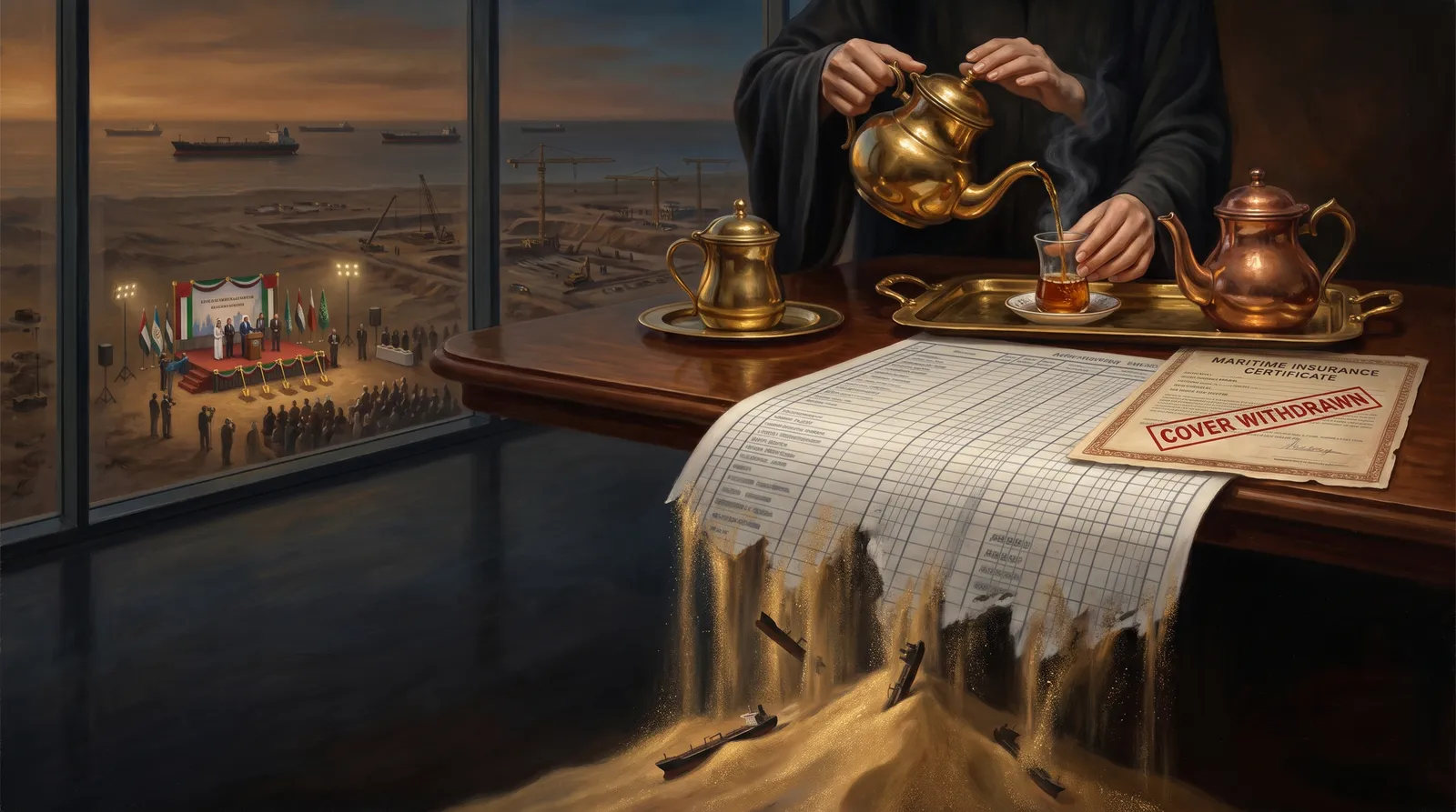 Allegorical oil painting: hands pour tea from a brass service while a fifty-year ledger sheet drapes off the table, its grid dissolving into a cascade of sand in which tiny oil tankers tumble; a maritime insurance certificate is stamped COVER WITHDRAWN; through the window, a groundbreaking ceremony with flags proceeds in the desert dusk as tankers sit motionless on the horizon.