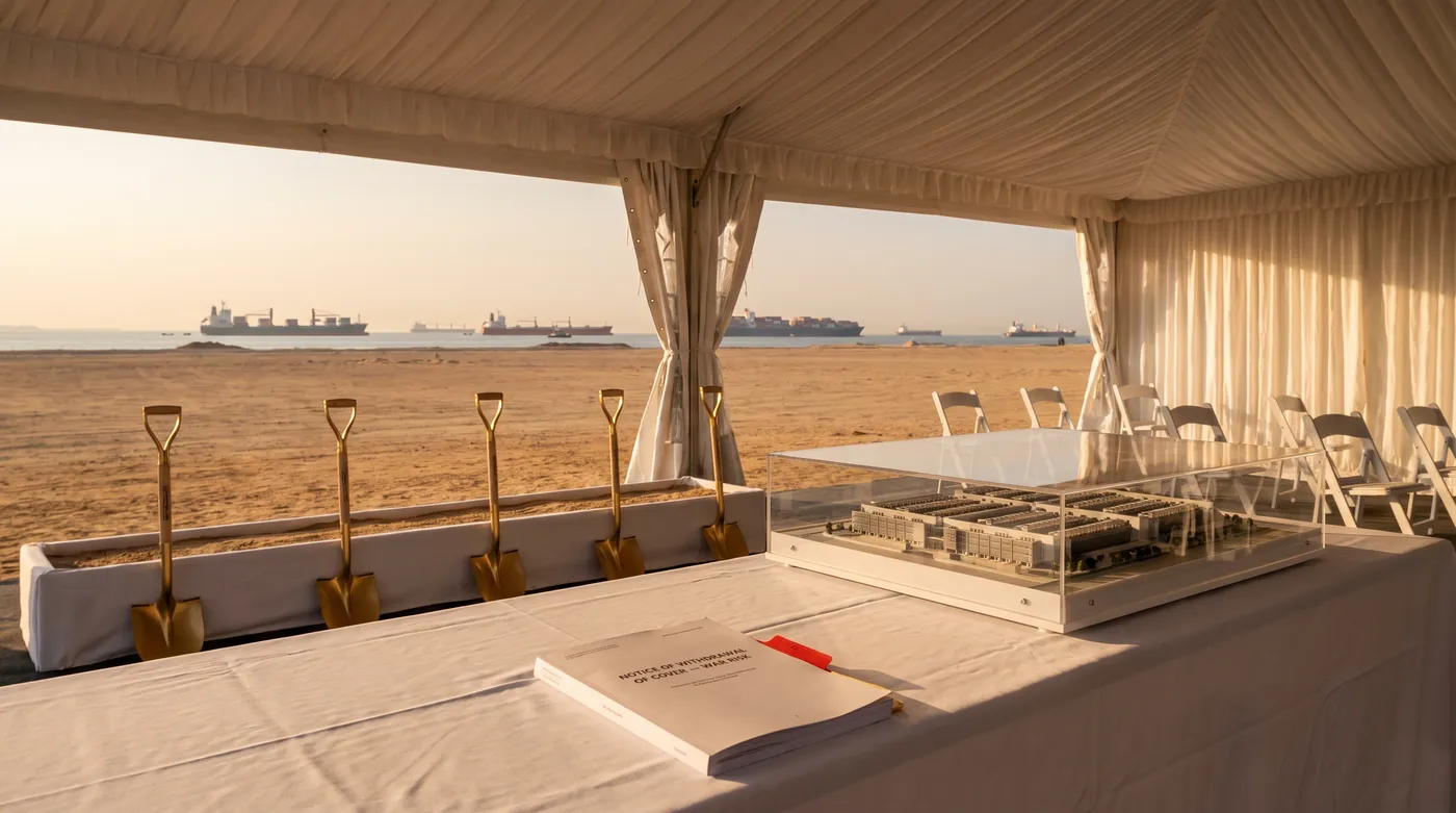 Staged photograph: inside a white ceremonial tent in the desert, gold groundbreaking shovels and a data-center campus model share the table with a legal notice titled NOTICE OF WITHDRAWAL OF COVER &mdash; WAR RISK; through the tent opening, container ships sit motionless at anchor on the gulf horizon.