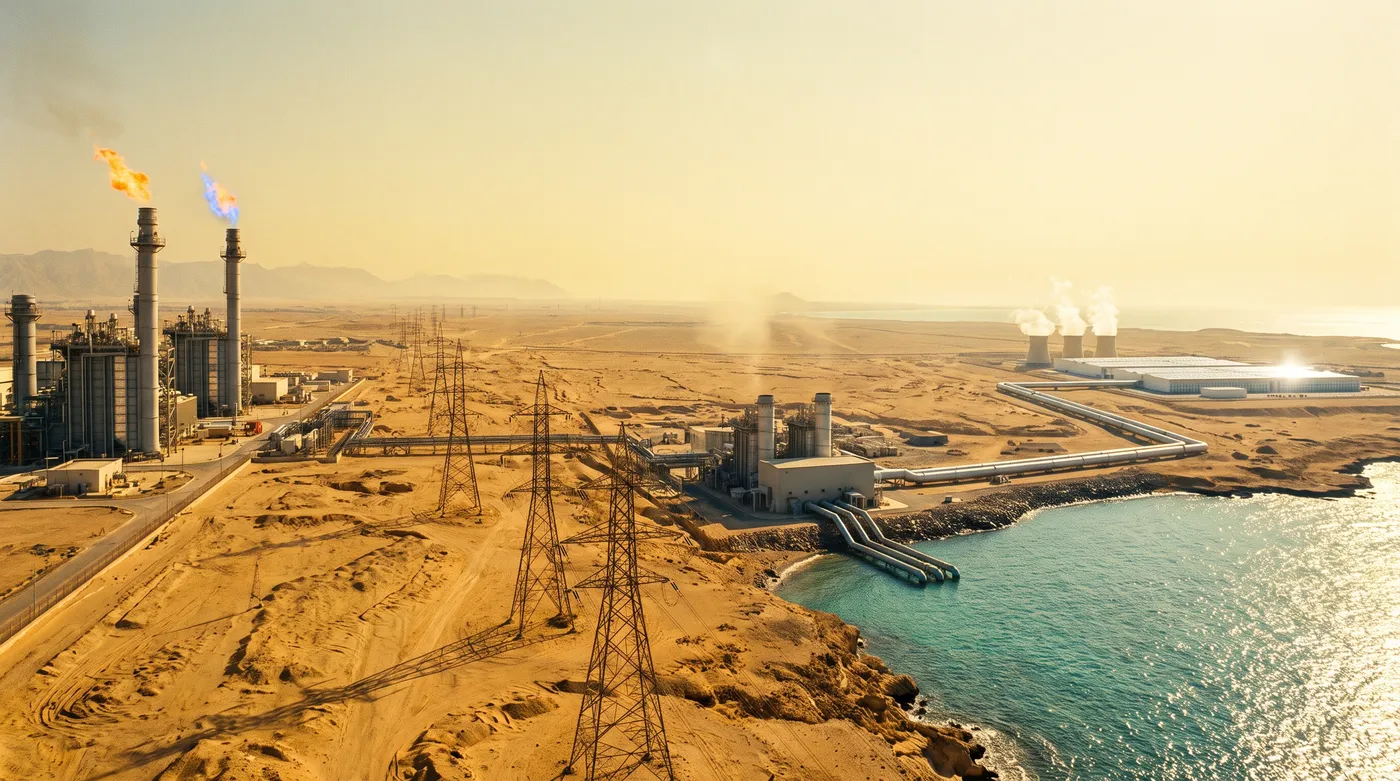 Staged aerial photograph of a desert coastline: a gas power plant with flare stacks feeds transmission pylons that feed a coastal desalination plant, whose silver pipelines run inland to a vast white data-center campus with cooling plumes rising in the heat haze.