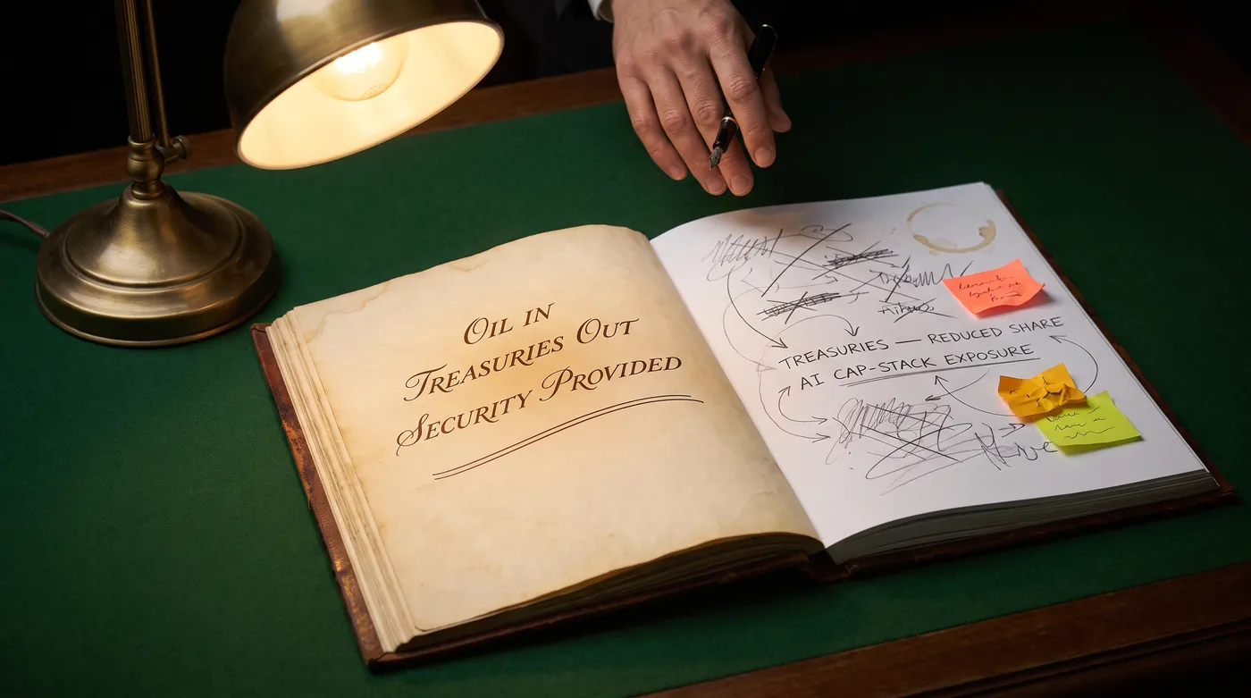 Staged photograph: an old ledger open under a brass lamp &mdash; the aged left page holds three copperplate lines, OIL IN, TREASURIES OUT, SECURITY PROVIDED; the modern right page is a chaos of struck-through entries and arrows in which only TREASURIES &mdash; REDUCED SHARE and AI CAP-STACK EXPOSURE are legible, a hand hesitating above it with a pen.