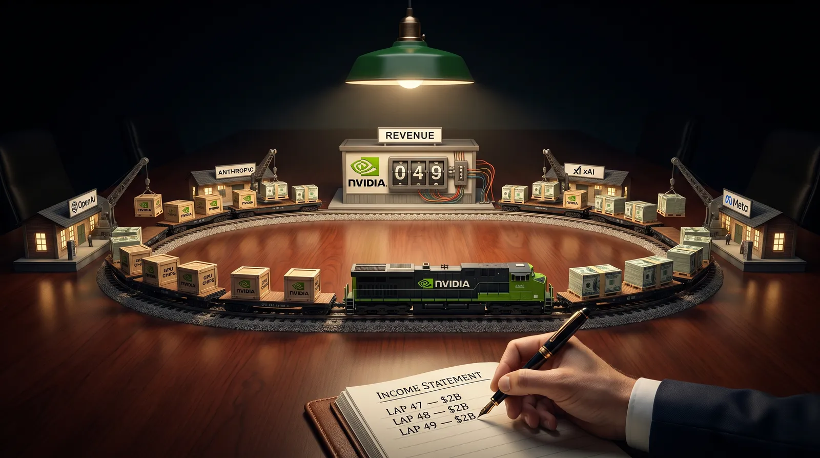 Staged photograph: a model freight train circles a closed oval of track on a mahogany boardroom table under a green banker&rsquo;s lamp &mdash; the Nvidia-liveried locomotive hauls crates of GPU chips and shrink-wrapped pallets of cash past miniature stations bearing the OpenAI, Anthropic, xAI, and Meta logos, a REVENUE counter ticking at the terminal, while a suited hand logs LAP 47 &mdash; $2B, LAP 48 &mdash; $2B in a ledger headed INCOME STATEMENT.