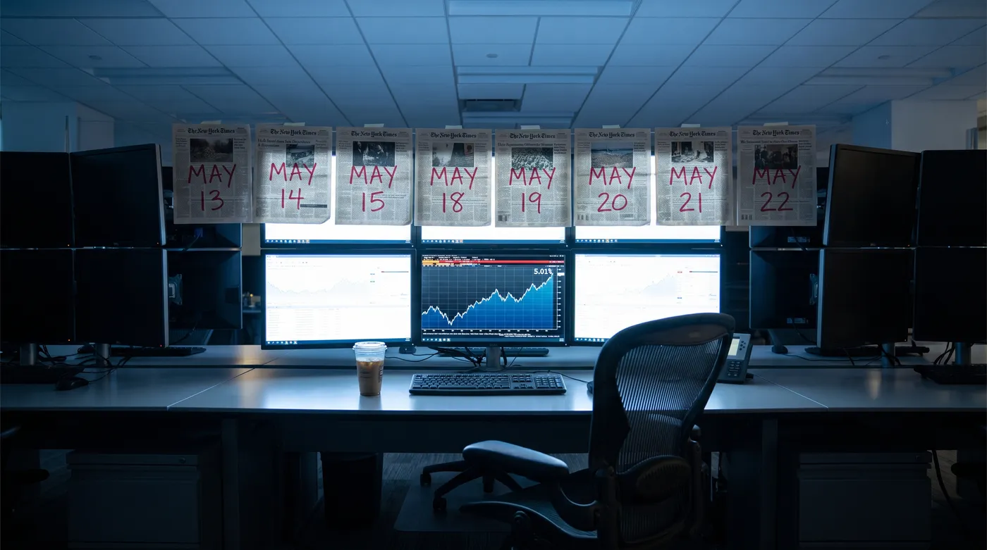 Staged photograph: a dark trading desk before dawn; taped above the monitors, a row of newspaper front pages hand-dated in red marker from MAY 13 to MAY 22, and below them a single screen showing one yield line stepping upward to 5.01%.