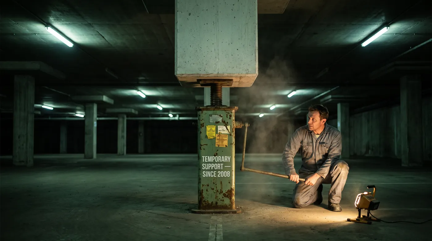 Staged photograph: in an underground parking level, a bank tower&rsquo;s massive concrete column rests on a single old screw-jack prop stenciled TEMPORARY SUPPORT &mdash; SINCE 2008, layered with inspection stickers, while a workman kneels and begins to wind the crank down as dust sifts from the ceiling.