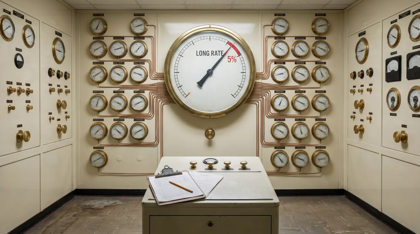 Staged photograph: a mid-century control room whose central wall holds one large master gauge labeled LONG RATE with a red mark at 5%, copper capillary lines running from it to dozens of smaller gauges labeled MORTGAGES, CORPORATE, REAL ESTATE, EQUITIES, PENSIONS, their needles mid-swing.