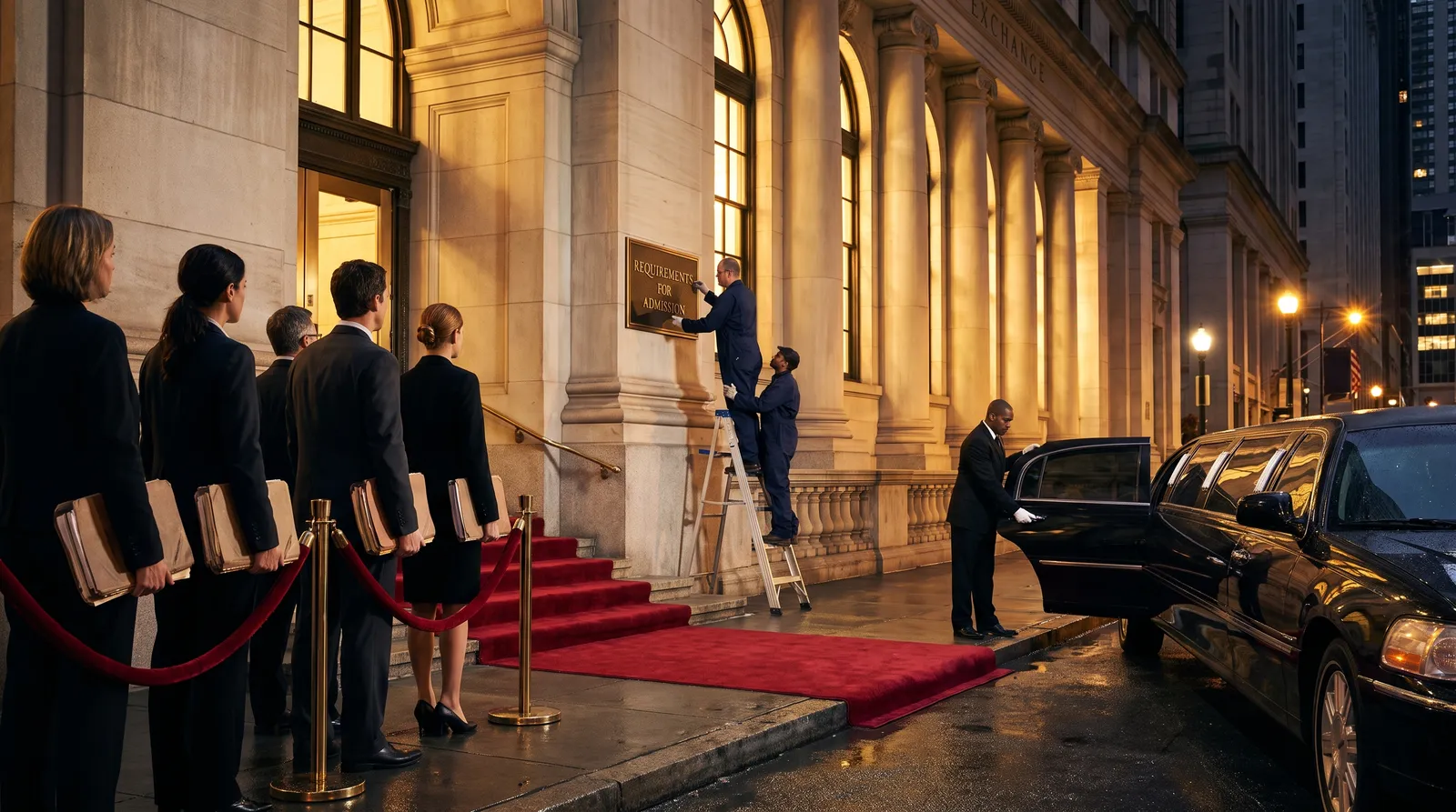 Staged photograph: at night outside a neoclassical exchange building, two workers on a ladder unscrew a brass plaque engraved REQUIREMENTS FOR ADMISSION while a red carpet runs down the steps to an absurdly long black limousine; a queue of people clutching thick document folders waits behind a red velvet rope on the plain sidewalk.