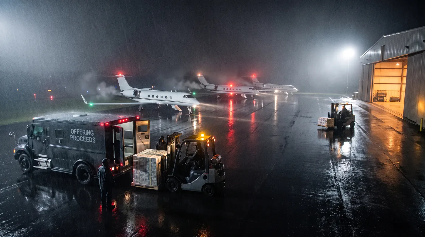 Staged photograph: a rain-soaked private airfield at night; an armored truck stenciled OFFERING PROCEEDS unloads pallets of shrink-wrapped cash by forklift straight into three idling unmarked private jets, while one visibly smaller pallet is driven the opposite way toward a distant hangar.
