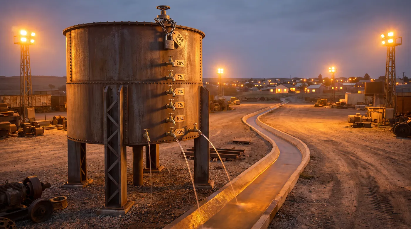 Staged photograph: a riveted steel water tank at dusk with a vertical ladder of small brass taps tagged 20%, 10%, 7%, 7%, 7%, 28%, the lowest already streaming into a channel that runs toward a lit town in the distance; at the top, one oversized valve chained and padlocked with a tag reading 366 DAYS.