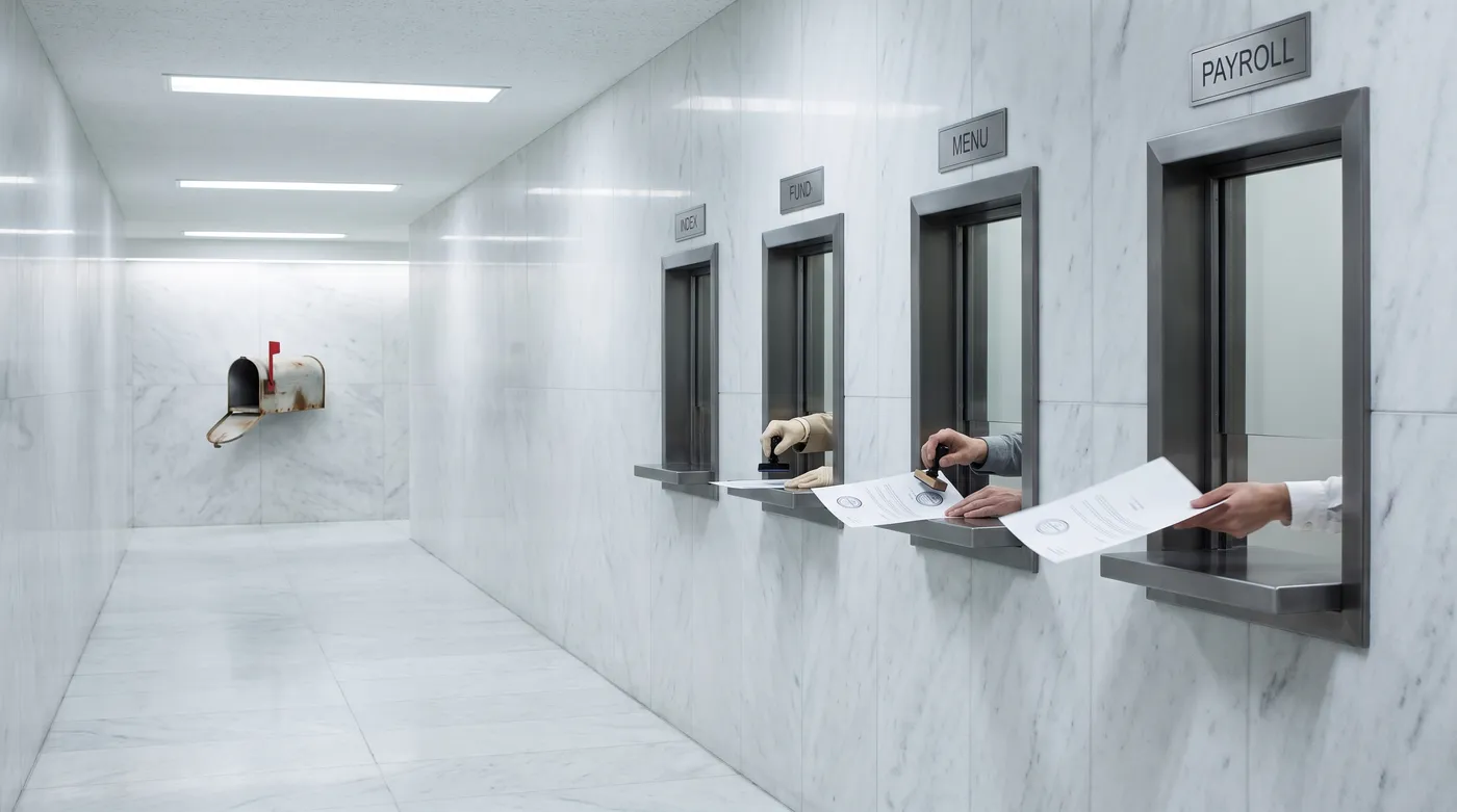 Staged photograph: a marble institutional corridor with four service windows signed INDEX, FUND, MENU, PAYROLL, clerks&rsquo; hands stamping and passing a single document down the line; at the corridor&rsquo;s end, a weathered suburban mailbox is mounted on the marble wall with its flag up.