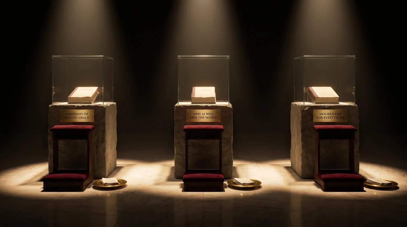 Staged photograph: a dark museum gallery where three documents sit spot-lit under glass on stone pedestals with brass plates reading MACHINES OF LOVING GRACE, WHY AI WILL SAVE THE WORLD, and MOORE&rsquo;S LAW FOR EVERYTHING; before each stands a velvet prayer kneeler and a brass offering plate of folded financial documents.