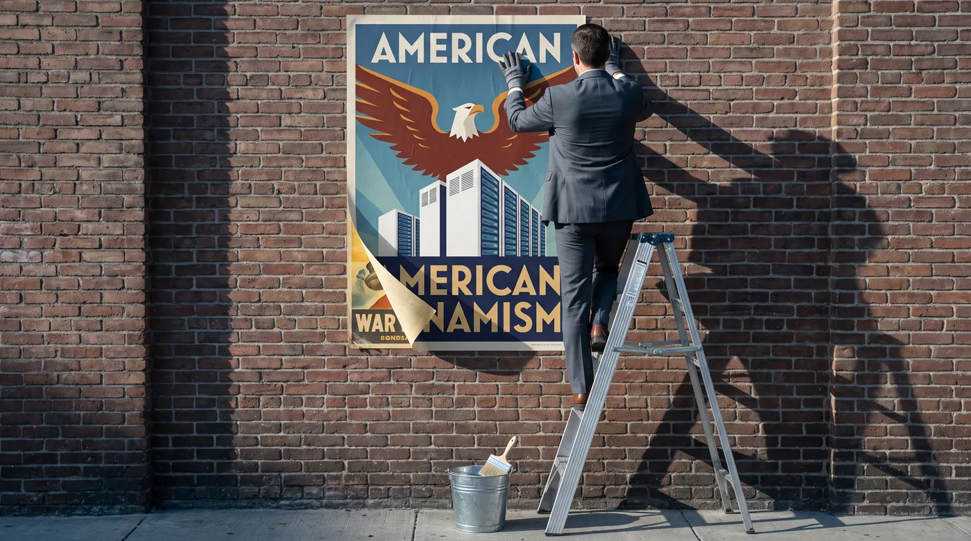 Staged photograph: a man in a suit on a stepladder pastes a heroic WPA-style poster &mdash; an art-deco eagle over a white data-center campus, lettered AMERICAN DYNAMISM &mdash; onto a brick wall; the unpasted corner curls back to reveal the faded WAR BONDS poster underneath.