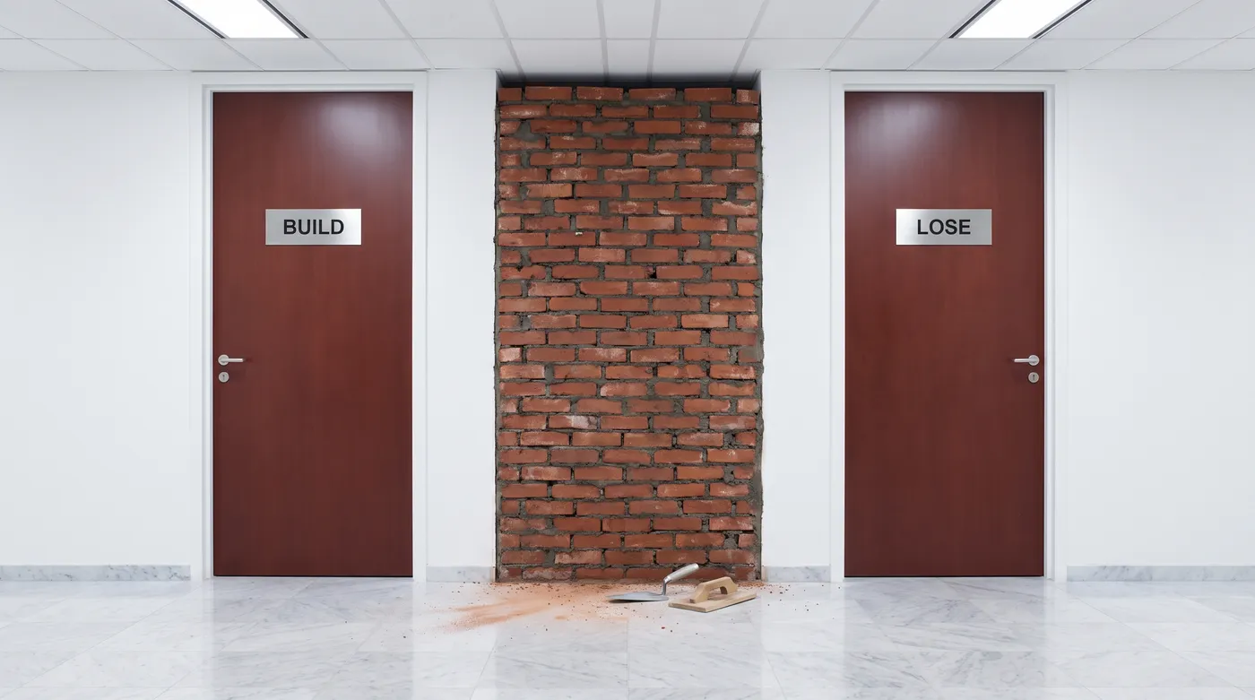 Staged photograph: the end of an office hallway with two identical doors signed BUILD and LOSE; between them, a doorway-shaped opening has been freshly bricked shut, the mortar still wet, a trowel and brick dust on the tile below.
