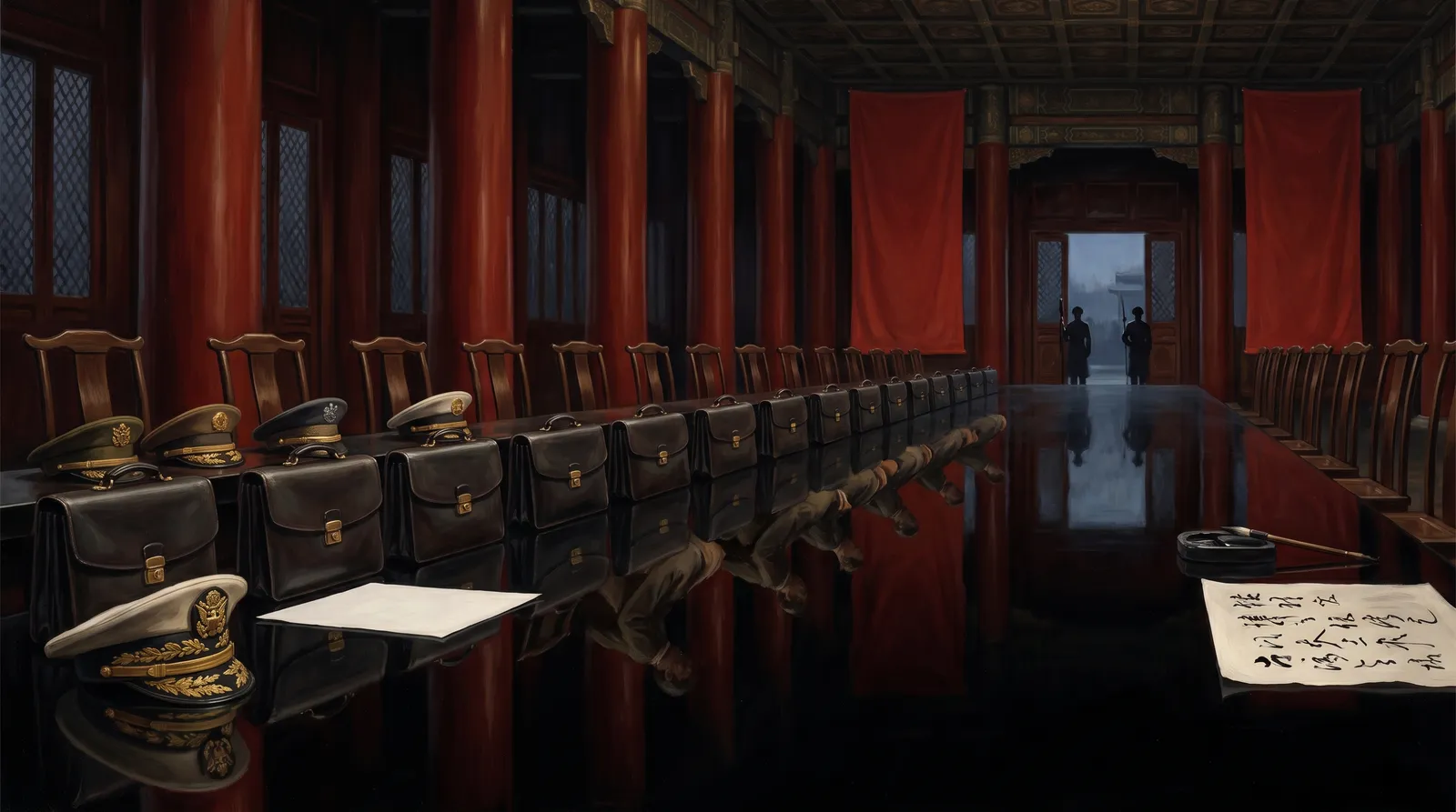 Allegorical oil painting: a long black lacquered negotiating table in a vast Beijing hall — eighteen briefcases and four government service caps lined on the near side before a perfectly blank sheet of paper, a brush, inkstone, and finished calligraphy on the far side; in the mirror-polish of the table, the reflections of the empty chairs bow forward.