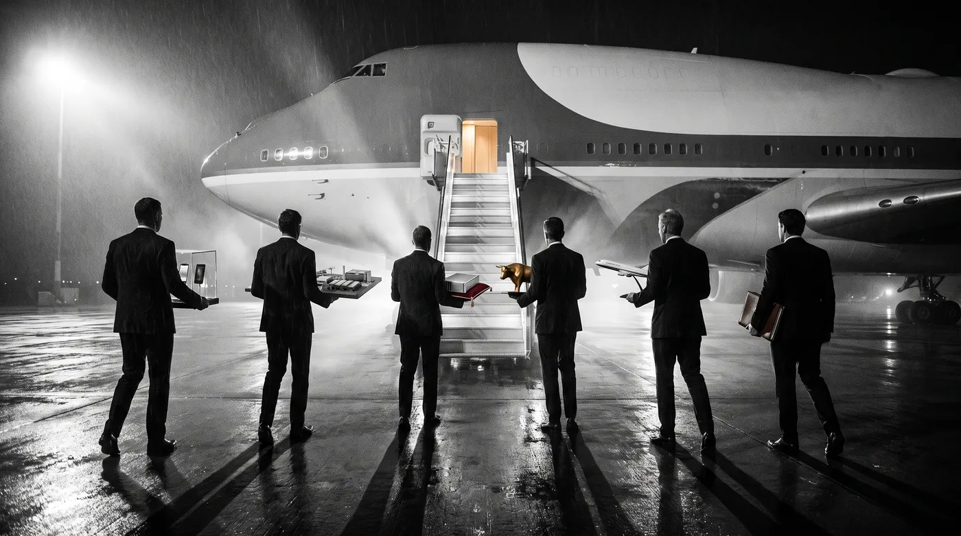 Staged photograph: at night on a rain-slicked tarmac, a line of suited figures seen from behind carries offerings toward the airstairs of an enormous government jumbo jet &mdash; a case of smartphones, a factory model, a server blade on a cushion, a golden bull, a model airliner, a slim ledger.