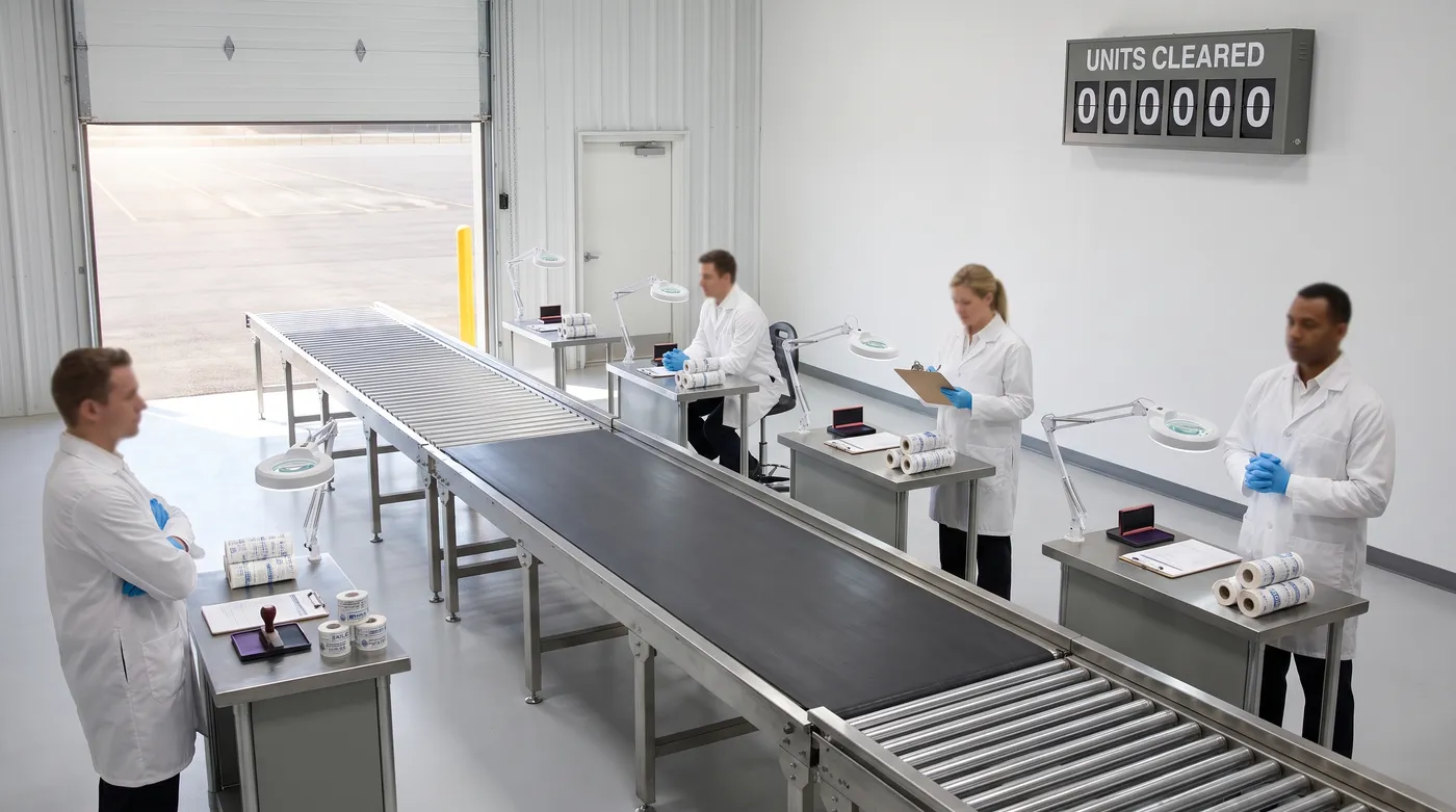 Staged photograph: a brand-new customs inspection facility with a single empty conveyor running from an open door onto a sun-bleached, truckless yard; four inspectors in white coats wait at ready stations, and a wall counter reads UNITS CLEARED 000000.