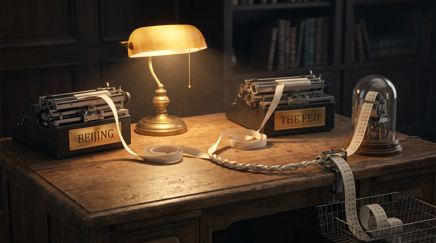 Staged photograph: two vintage teletype machines with brass plates reading BEIJING and THE FED print paper tapes that braid together into a single strand feeding one glass-domed stock ticker, whose output tape prints 4.70.