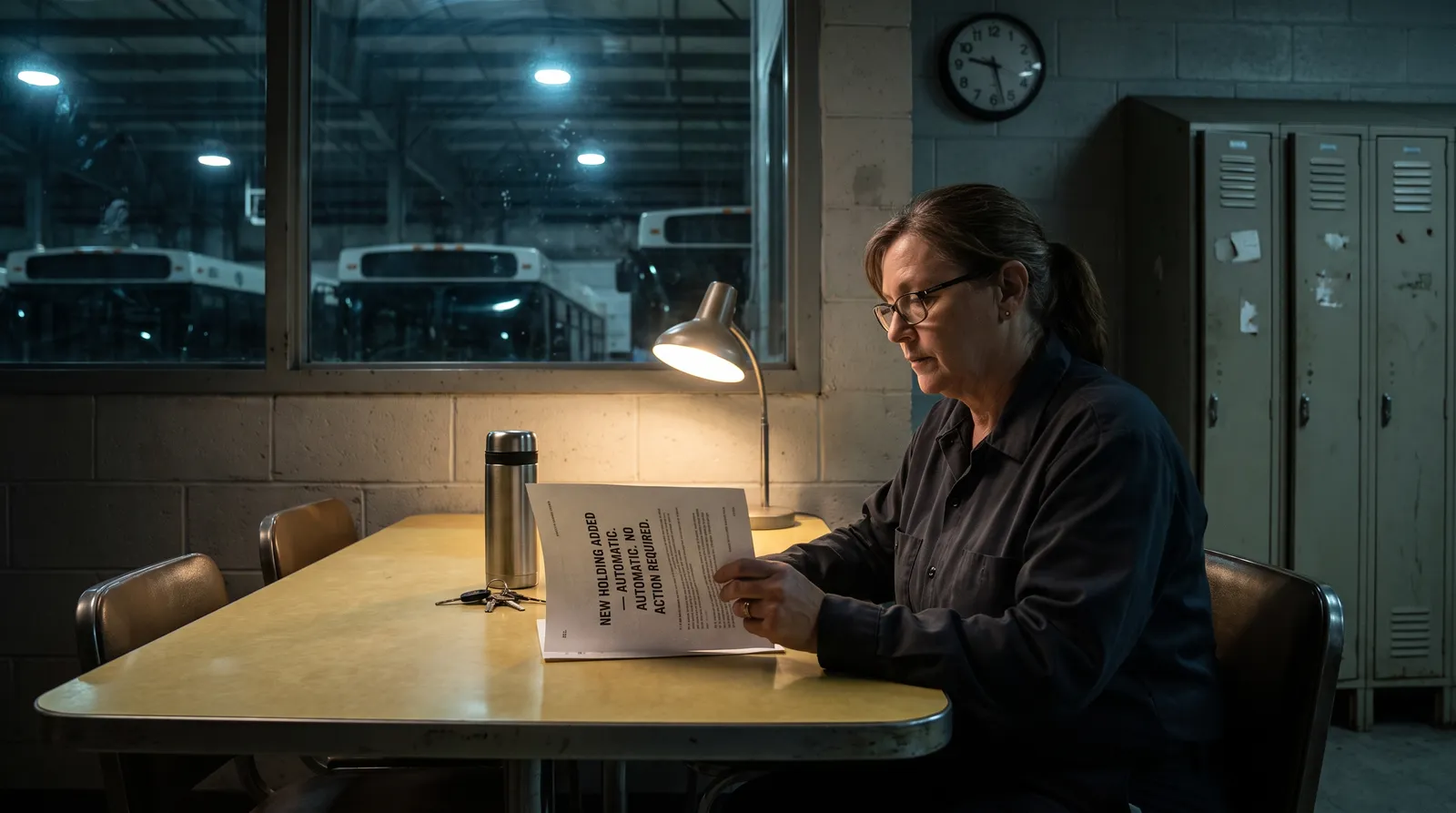 Documentary-style photograph: a transit bus driver in her fifties sits alone in a depot break room past nine at night, reading glasses on, before a pension statement whose printed line reads NEW HOLDING ADDED &mdash; AUTOMATIC. NO ACTION REQUIRED; her thermos and bus keys on the table, parked buses visible through the window behind her.