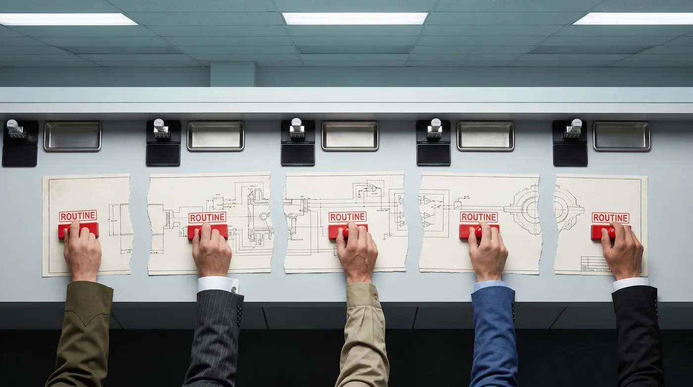 Staged photograph: five hands in five different sleeves &mdash; military olive, banker&rsquo;s pinstripe, engineer&rsquo;s khaki, exchange blue, diplomatic black &mdash; each stamp the word ROUTINE in red on five torn fragments of a single engineering diagram whose edges nearly align into one drawing.