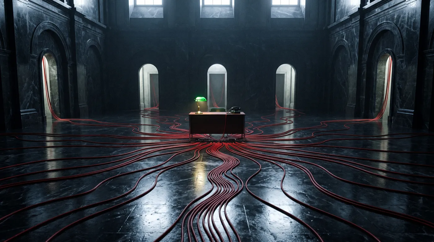 Staged photograph: an immense dark marble hall at night; dozens of red telephone cables snake across the polished floor from every distant doorway, all converging on one small desk with a single green banker&rsquo;s lamp and one telephone.