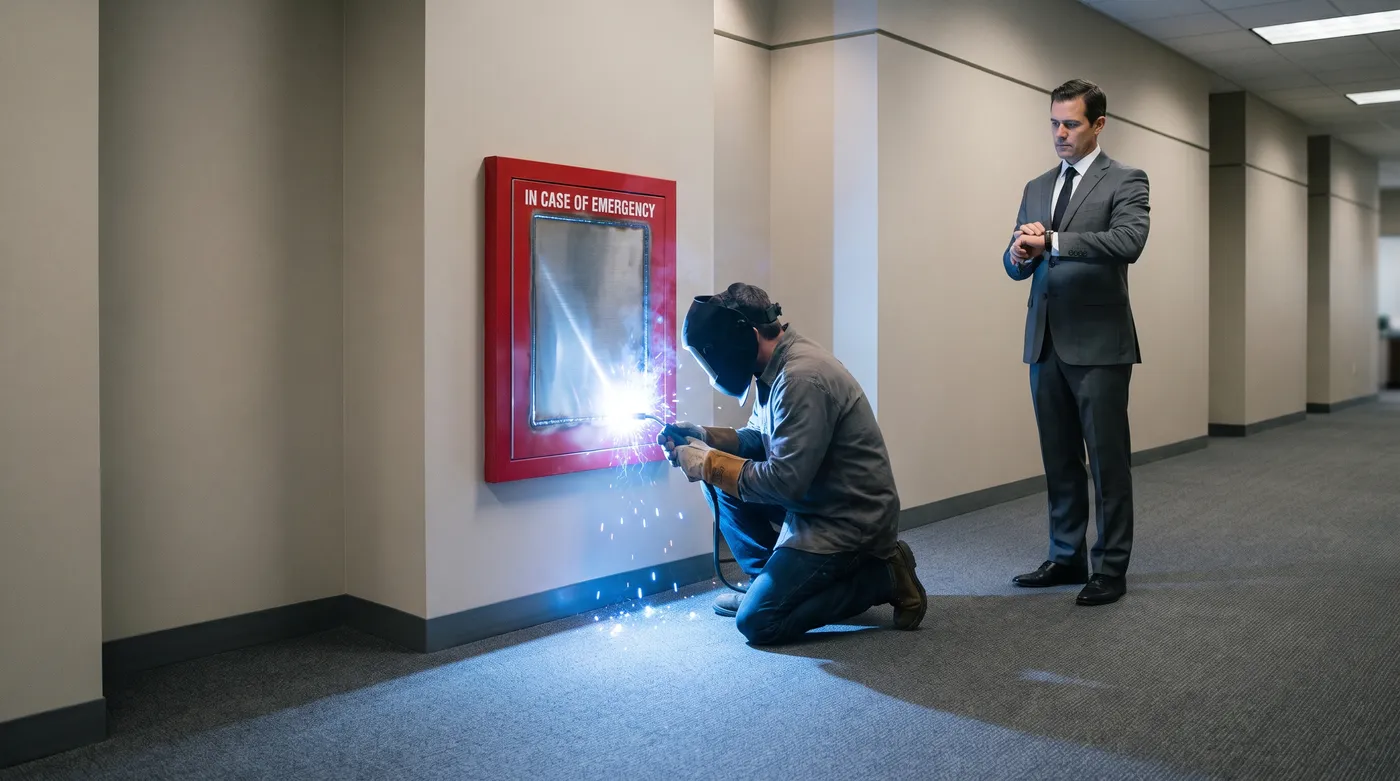 Staged photograph: in a pristine office corridor with no emergency anywhere, a welder kneels at the red wall cabinet labeled IN CASE OF EMERGENCY, sealing a steel plate over its front, while a man in a suit stands by checking his watch.