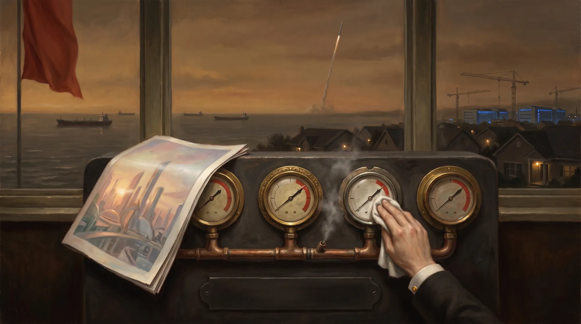 Allegorical oil painting: five antique brass pressure gauges on one shared copper manifold, every needle pinned in the red; a glossy pastel advertisement drapes over two gauges and a cuffed hand polishes the glass of a third, while the window behind holds anchored tankers, a rocket contrail, a red banner, suburban porch lights, and cranes over blue-lit datacenter halls in one dusk sky.