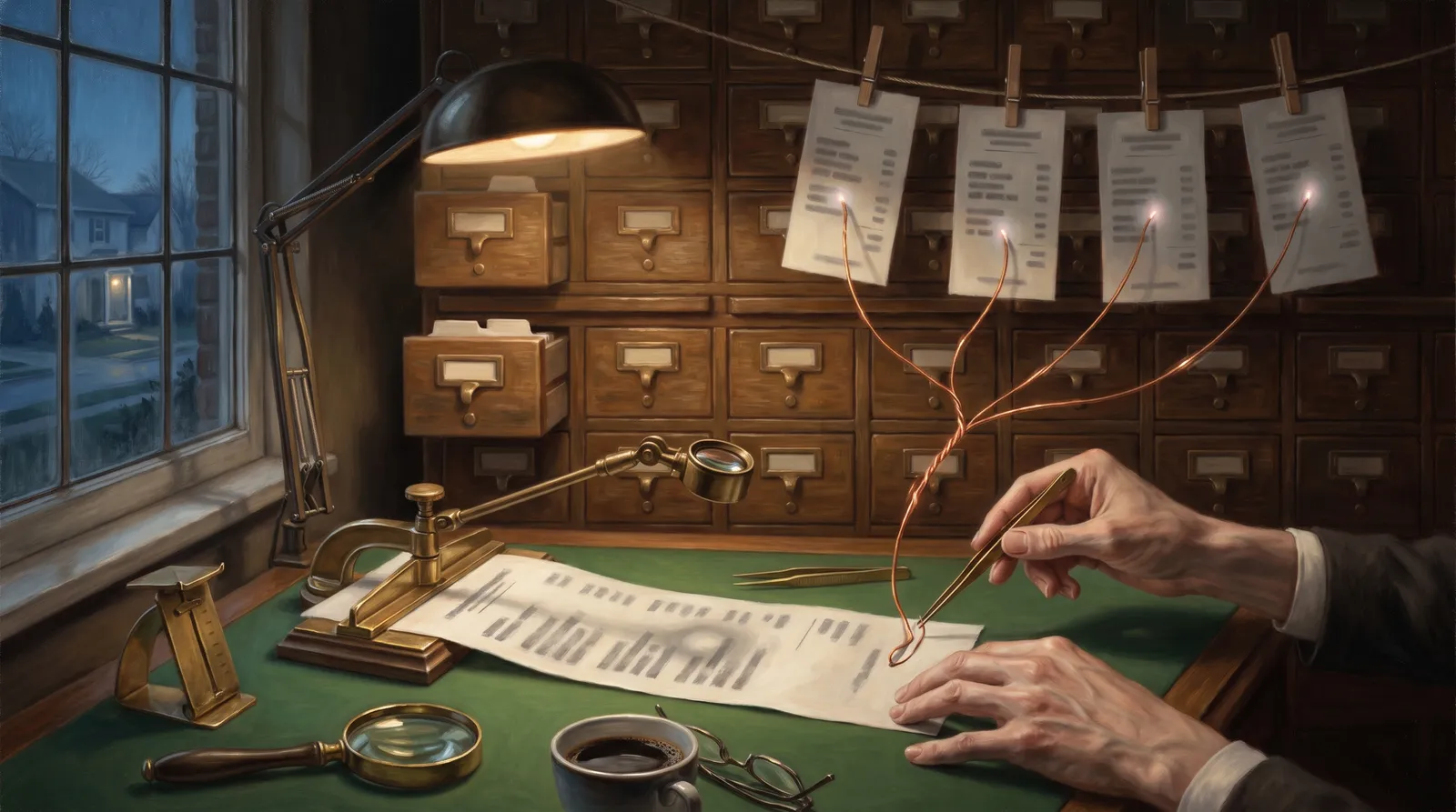 Allegorical oil painting: at a watchmaker's bench before a wall of card-catalog drawers, hands clamp a till receipt under a brass press and lift one printed line off the page with tweezers — the line becomes a copper wire that rises and connects to four receipts hanging above like drying photographs.