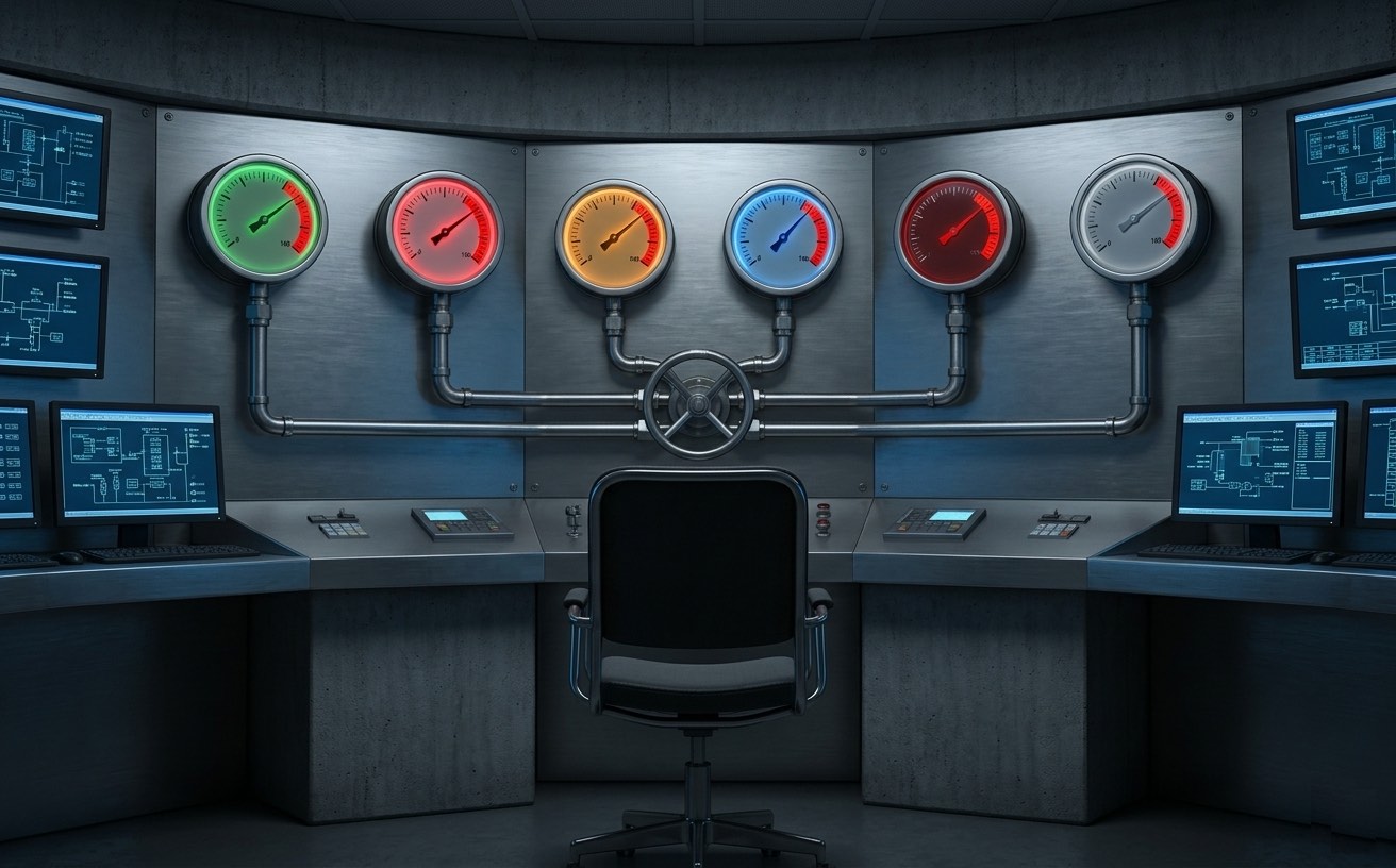 Steel control room — six color-coded pressure gauges connected by pipes to a single valve, one empty operator chair