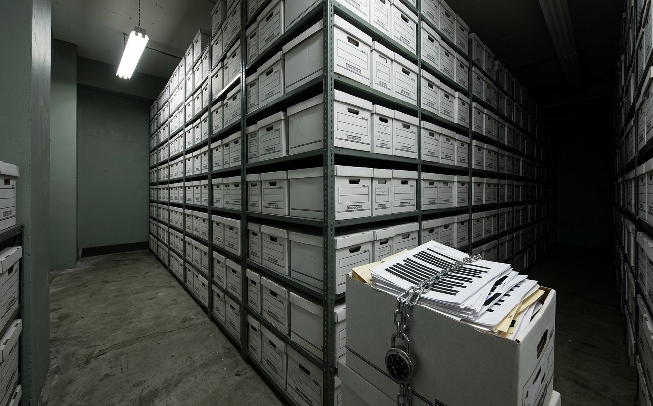 Government filing room — rows of white document boxes on steel shelving stretching into darkness, one open box with heavily redacted pages chained shut