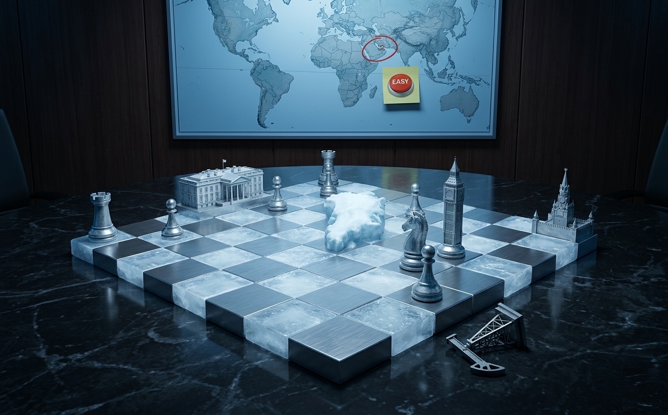 A steel chess board in a dark government chamber — the White House as a piece, a Greenland ice mass at center, Big Ben and the Kremlin as opposing pieces, a toppled oil derrick, and a world map with Greenland circled and an 'Easy' button