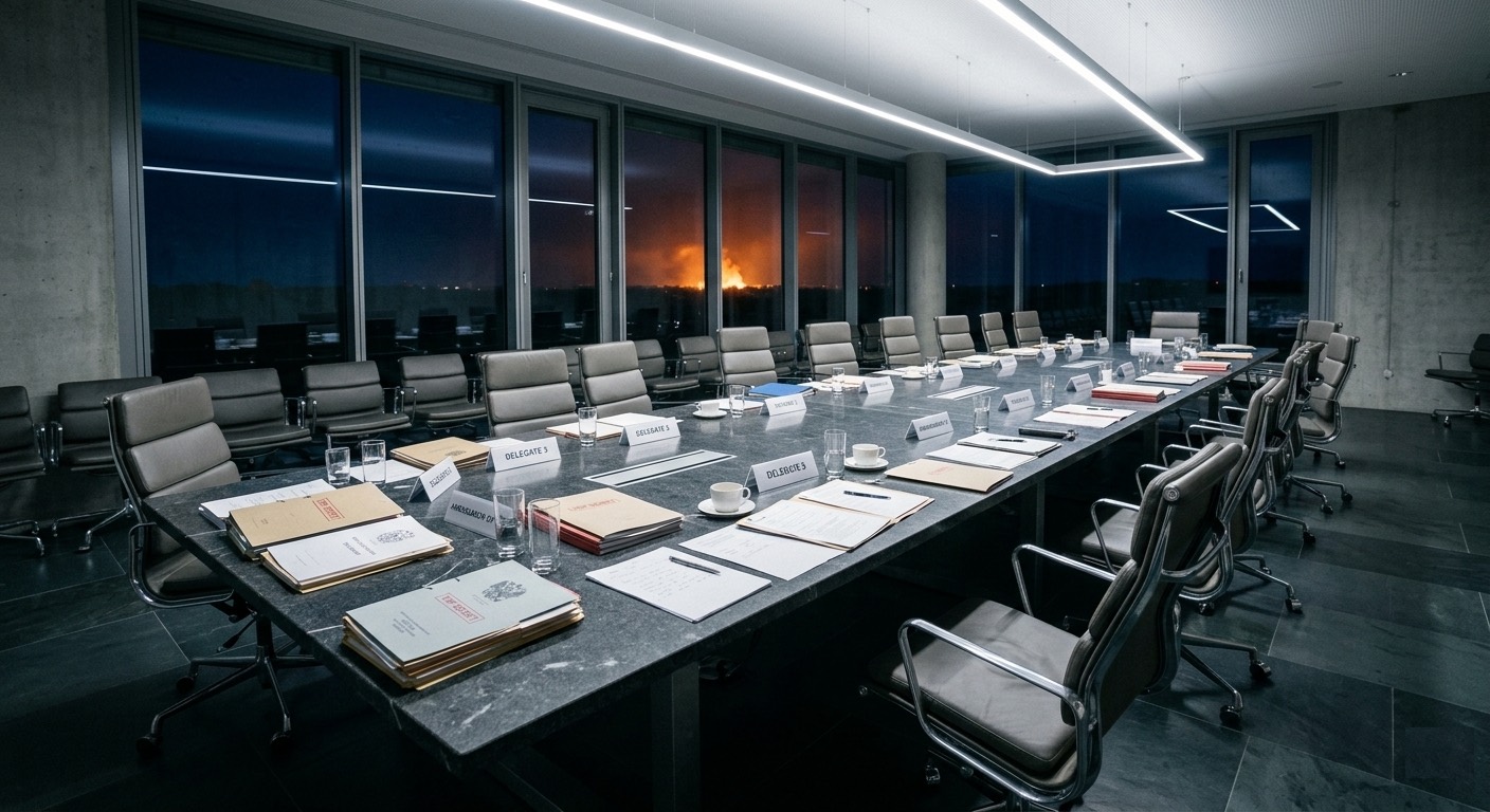 Abandoned diplomatic conference table with classified folders and delegate nameplates still in place, orange glow of distant explosions visible through floor-to-ceiling windows