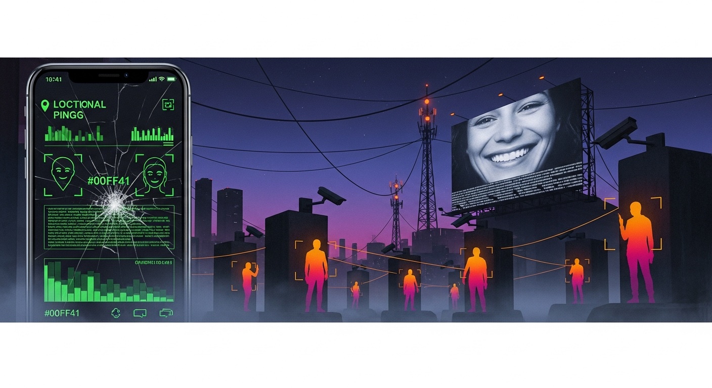 The Surveillance Economy — a glowing open-plan office where rows of workers build a data-collection machine, a giant translucent silhouette looming over the room, while a crowd in the foreground scrolls their phones, unaware they are standing inside what the office built.