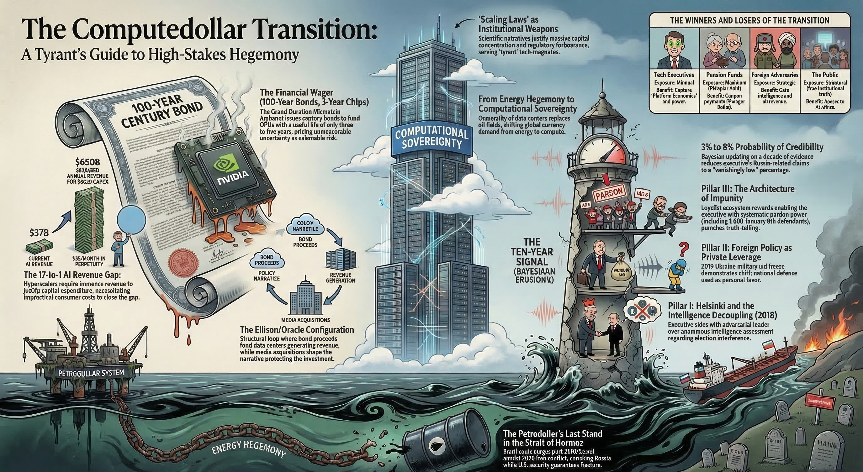 The Computedollar Transition infographic — century bond financing the shift from energy hegemony to computational sovereignty.