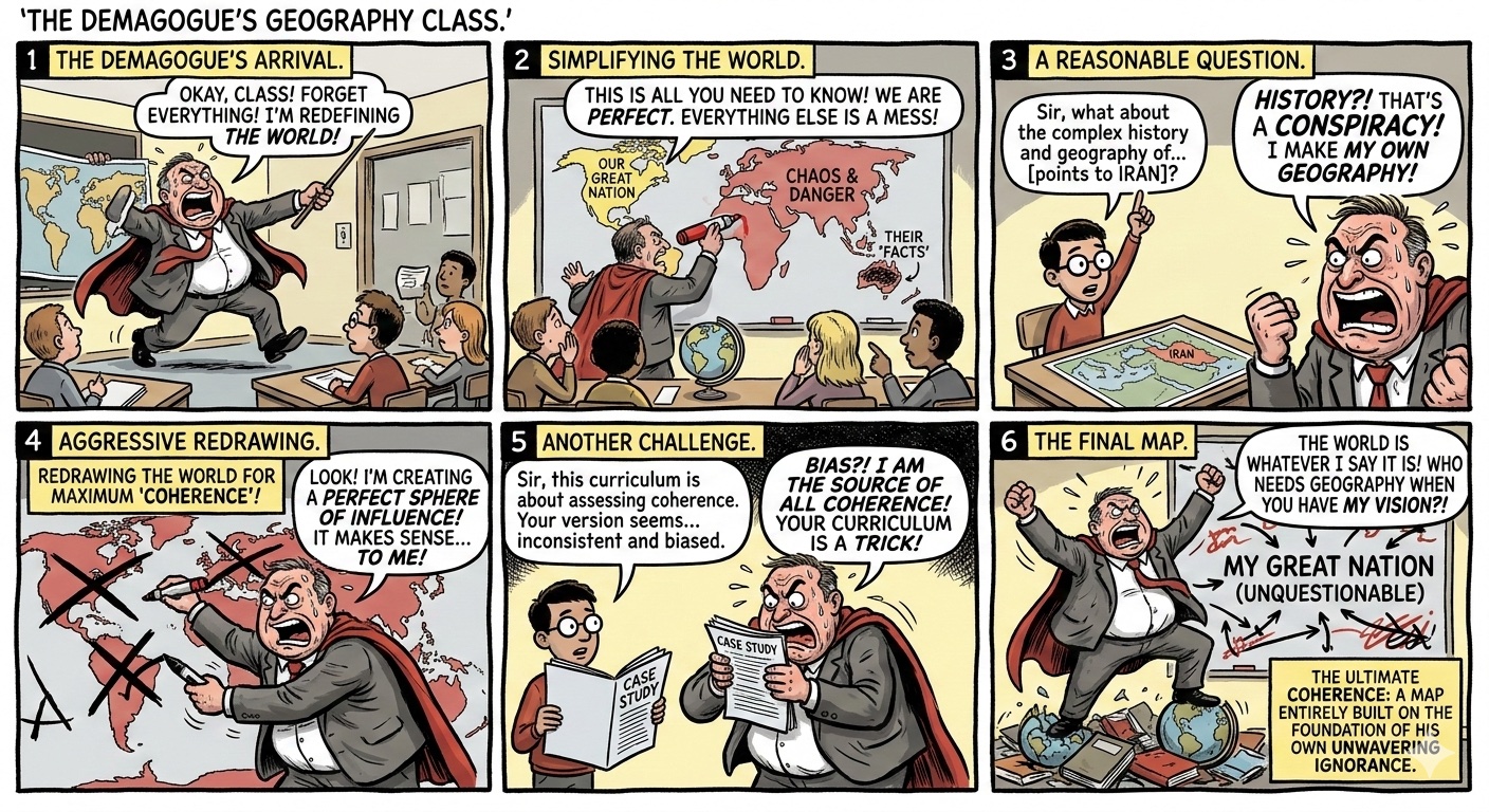 'The Demagogue's Geography Class' — a six-panel political cartoon depicting a leader who arrives declaring 'I'm redefining the world,' simplifies geopolitics into 'us vs. chaos,' dismisses history as conspiracy, redraws the map for 'maximum coherence,' attacks the curriculum assessing him as biased, and ends with 'The world is whatever I say it is' — a map built entirely on the foundation of his own unwavering ignorance.