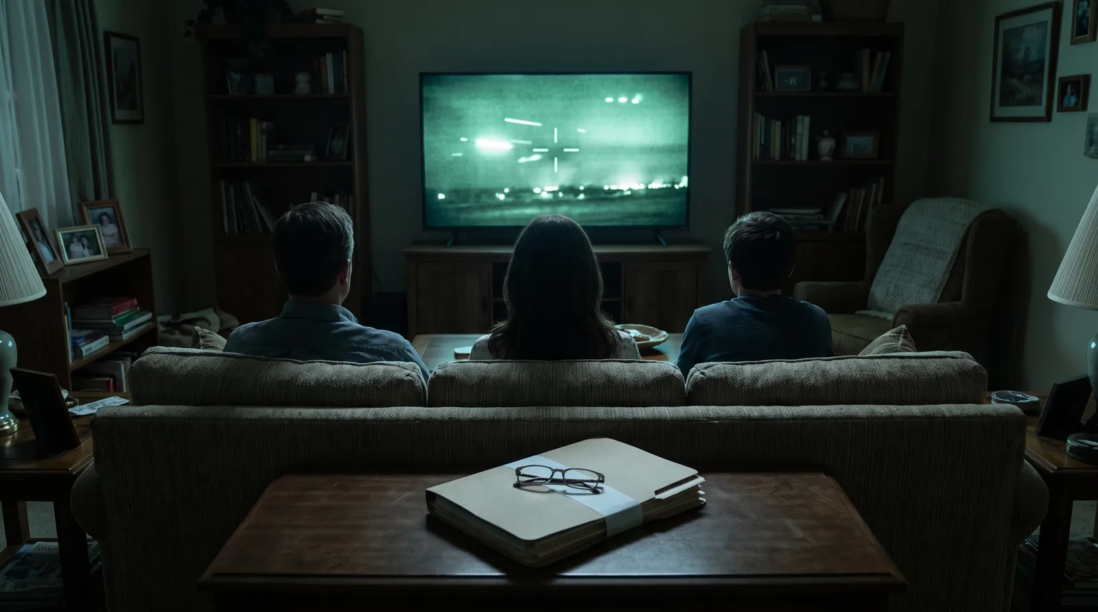 A family watches night-vision strike footage on television while a banded stack of official documents sits unopened and unlit on the coffee table.