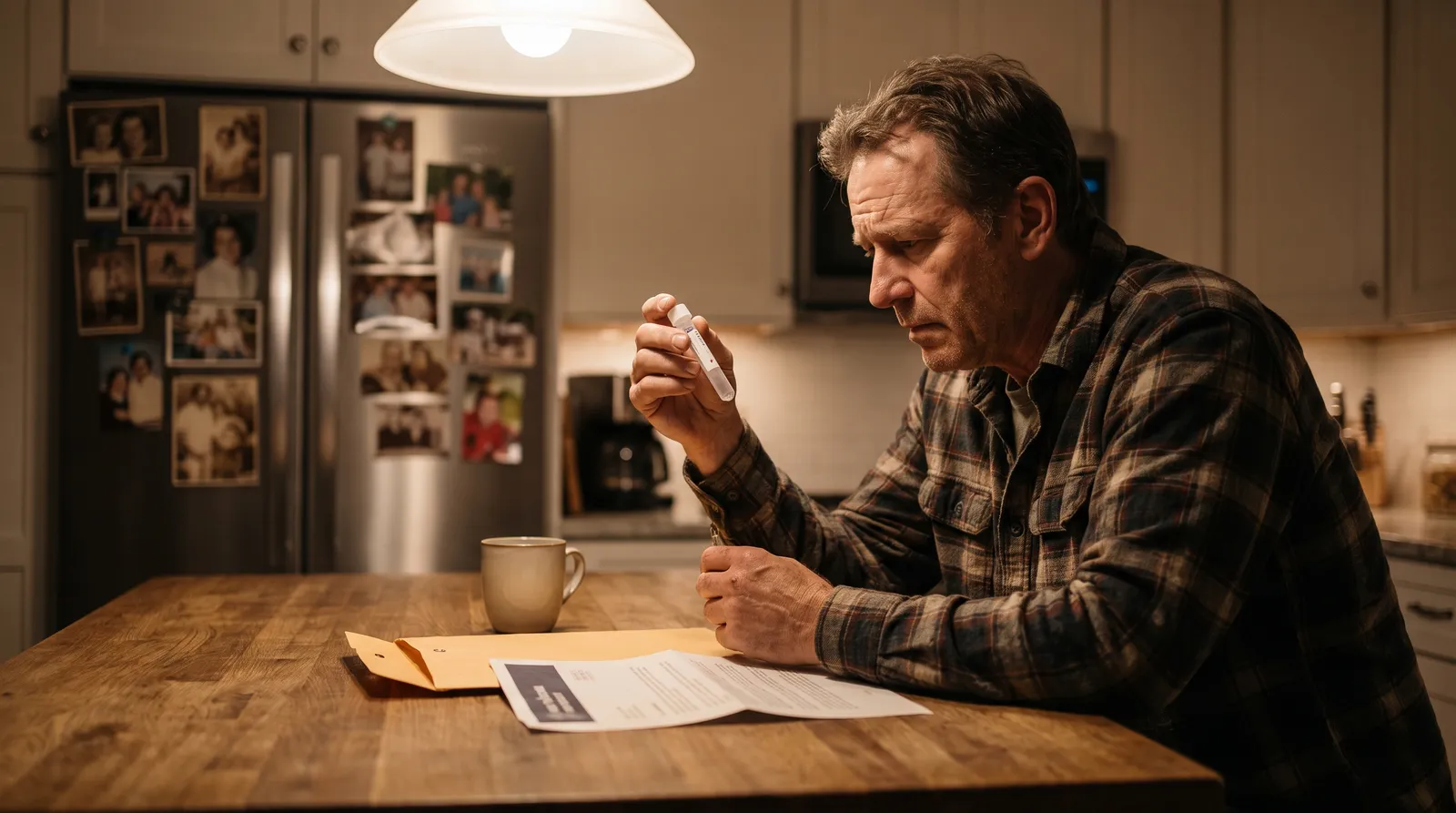 A man at his kitchen table at night studies a consumer DNA saliva tube beside an opened legal letter, three generations of family photographs on the refrigerator behind him.