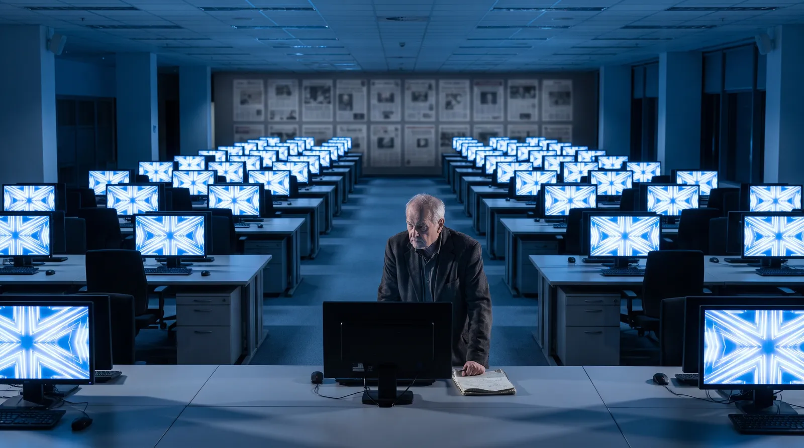A lone journalist stands in a dark newsroom where every monitor on every desk displays the identical blue frame.