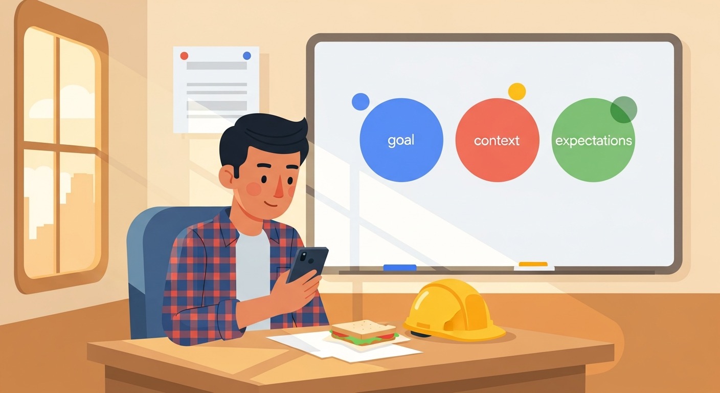 Day 4: A construction worker on lunch break learns the Goal-Context-Expectations framework for structuring AI requests