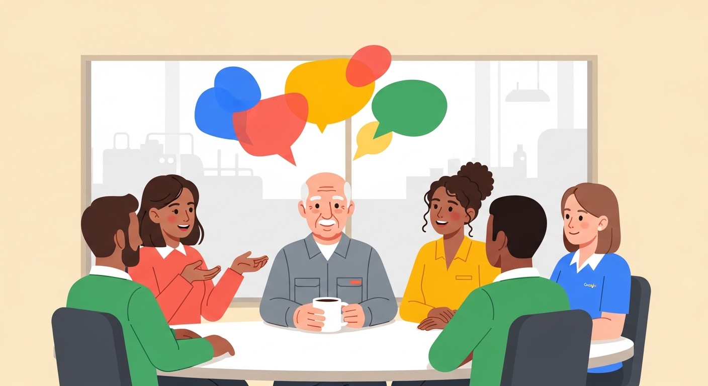 Day 7: Workers gather in a factory breakroom for a collaborative conversation about technology's role in their lives