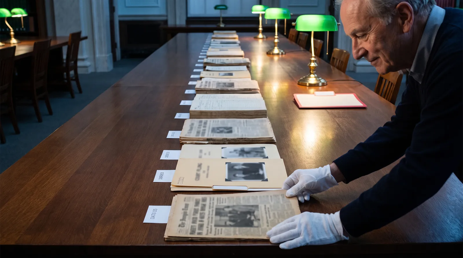 An archivist in white gloves lays a decade of newspapers, transcripts, and court filings in one chronological line down a records-room table, ending at a single red folder.