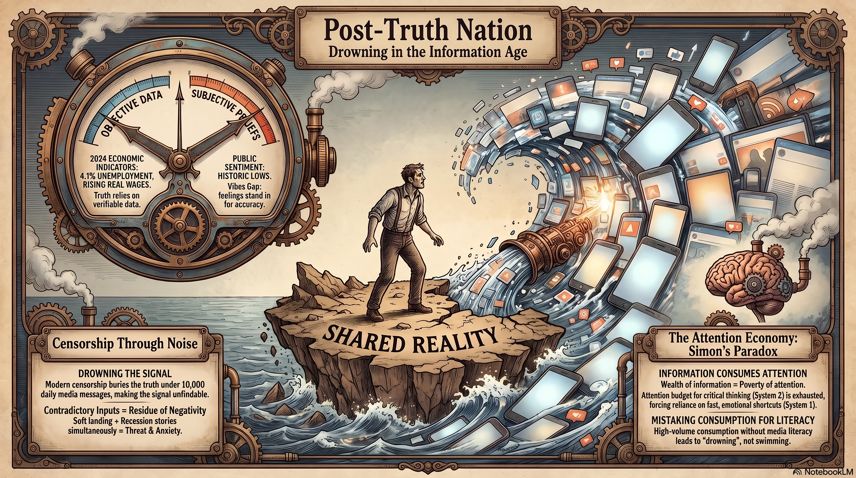 Drowning in the Information Age — a figure stands on a shrinking island labeled SHARED REALITY as a firehose of screens, feeds, and headlines floods in from all sides; a split gauge reads Objective Data against Subjective Belief (the vibes gap), and side panels name censorship through noise and Simon's paradox of the attention economy.