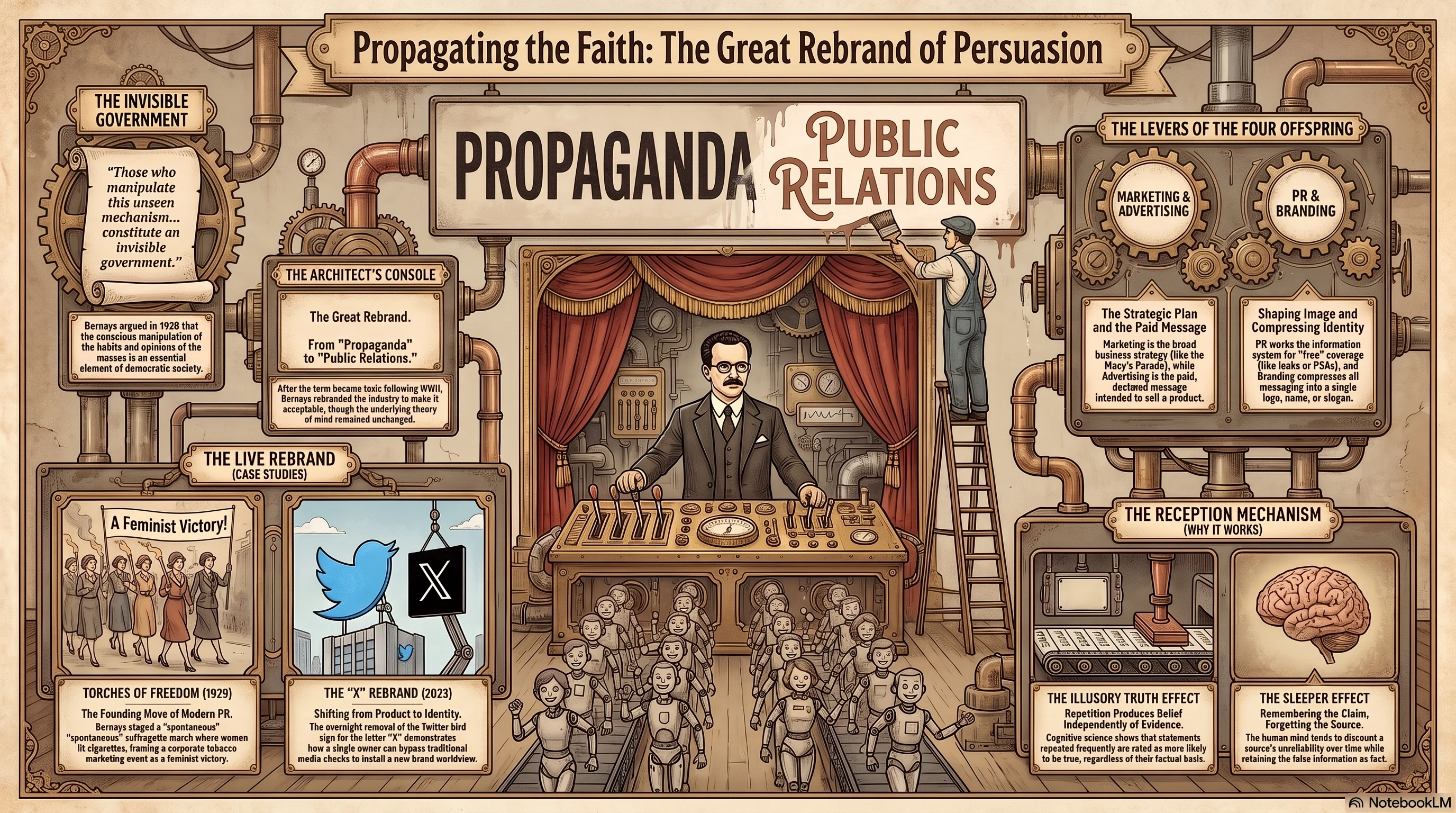 Propagating the Faith: The Great Rebrand of Persuasion — a Bernays-like figure at a theater control console pulls levers directing a crowd of identical smiling puppet-like figures below, while a workman on a ladder paints over the sign PROPAGANDA to read PUBLIC RELATIONS; side panels show 1929's staged Torches of Freedom march and 2023's Twitter-to-X rebrand, with gauges for the illusory truth effect and the sleeper effect.
