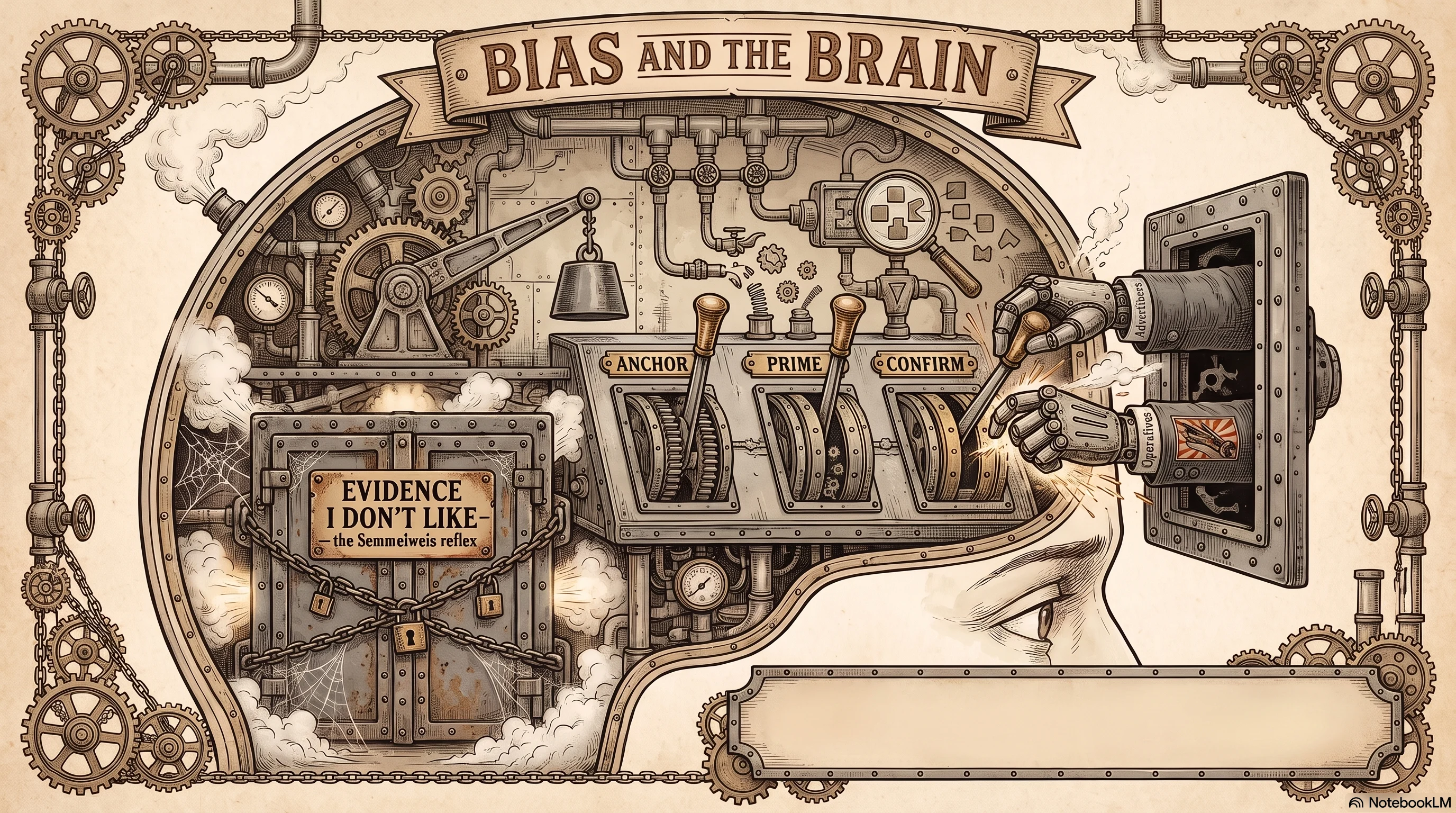 Bias and the Brain — a cutaway brain rendered as a machine, with three cognitive-shortcut levers labeled ANCHOR, PRIME, and CONFIRM being operated by mechanical hands marked Advertisers and Operatives, while a locked, cobwebbed vault door inside reads EVIDENCE I DON'T LIKE — the Semmelweis reflex.