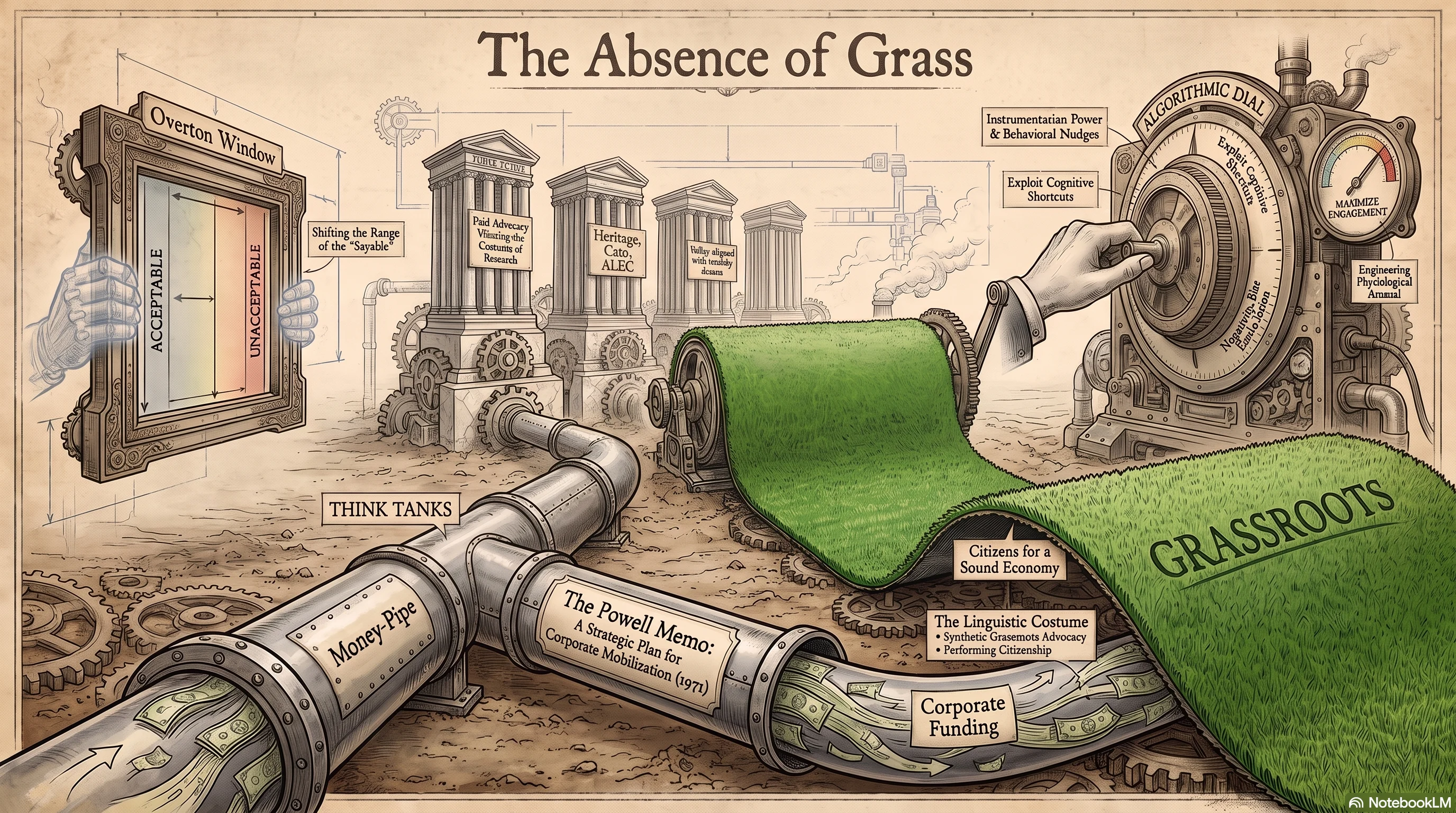 The Absence of Grass — a roll of astroturf labeled GRASSROOTS is unfurled over bare dirt by a mechanical arm, fed by a money-pipe running from marble think-tank towers (Heritage, Cato, ALEC) and the 1971 Powell Memo through corporate funding into synthetic grassroots-advocacy groups; nearby, an Overton Window frame is pried wider between ACCEPTABLE and UNACCEPTABLE by mechanical hands, and an algorithmic dial is cranked toward MAXIMIZE ENGAGEMENT.