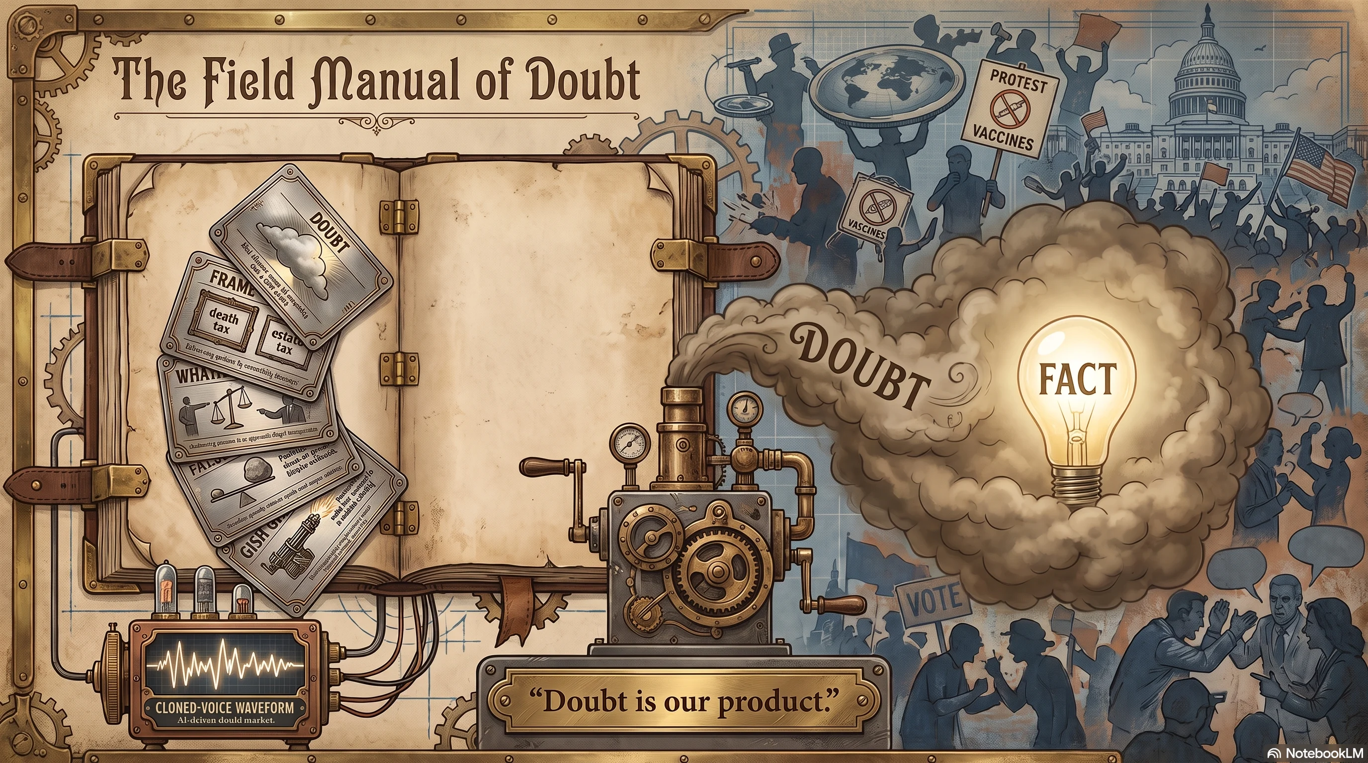The Field Manual of Doubt — an open field manual of named persuasion techniques feeding a machine stamped 'Doubt is our product,' which pumps a smoke cloud labeled DOUBT around a still-glowing bulb labeled FACT