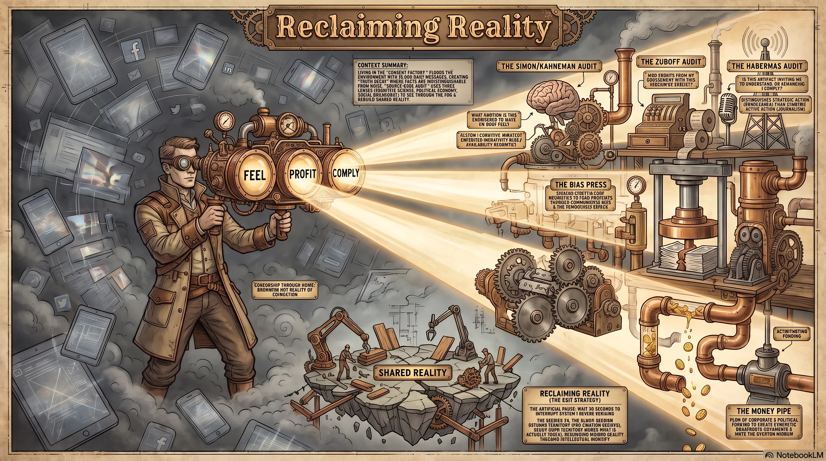 Reclaiming Reality — a figure aims a three-lens projector labeled FEEL, PROFIT, and COMPLY, cutting beams of light through a fog of screens while workers rebuild a platform labeled Shared Reality
